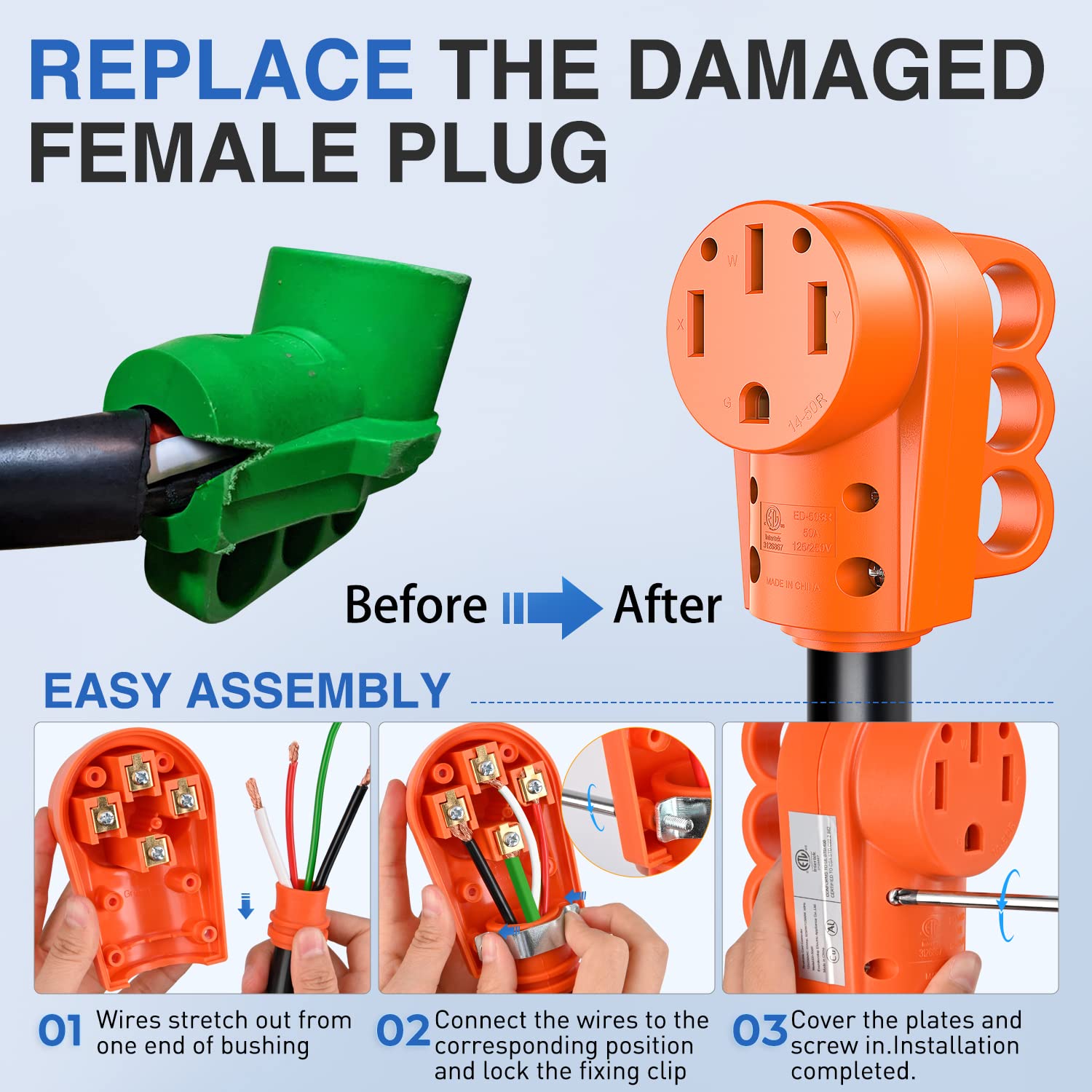 Nilight 50 Amp Rv Replacement Plug Receptacle 125/250 Volt Heavy Duty Female With Handle Etl Listed Nema 14-50R For Camper Carav