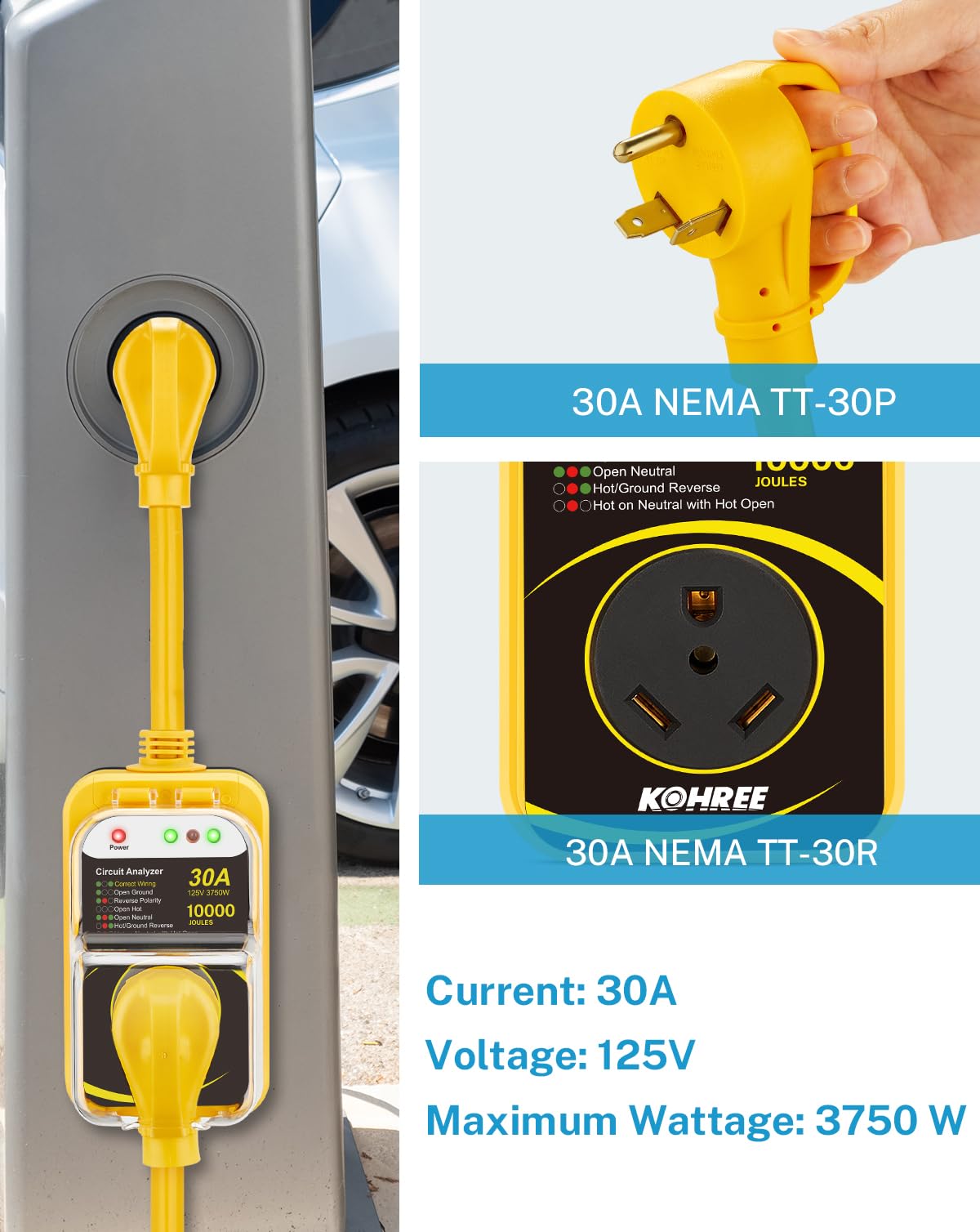 Kohree Rv Surge Protector 30 Amp With Waterproof Cover, 10000 Joules 30 Amp Rv Surge Protector For Rv Camper, All-In-1 Circuit A