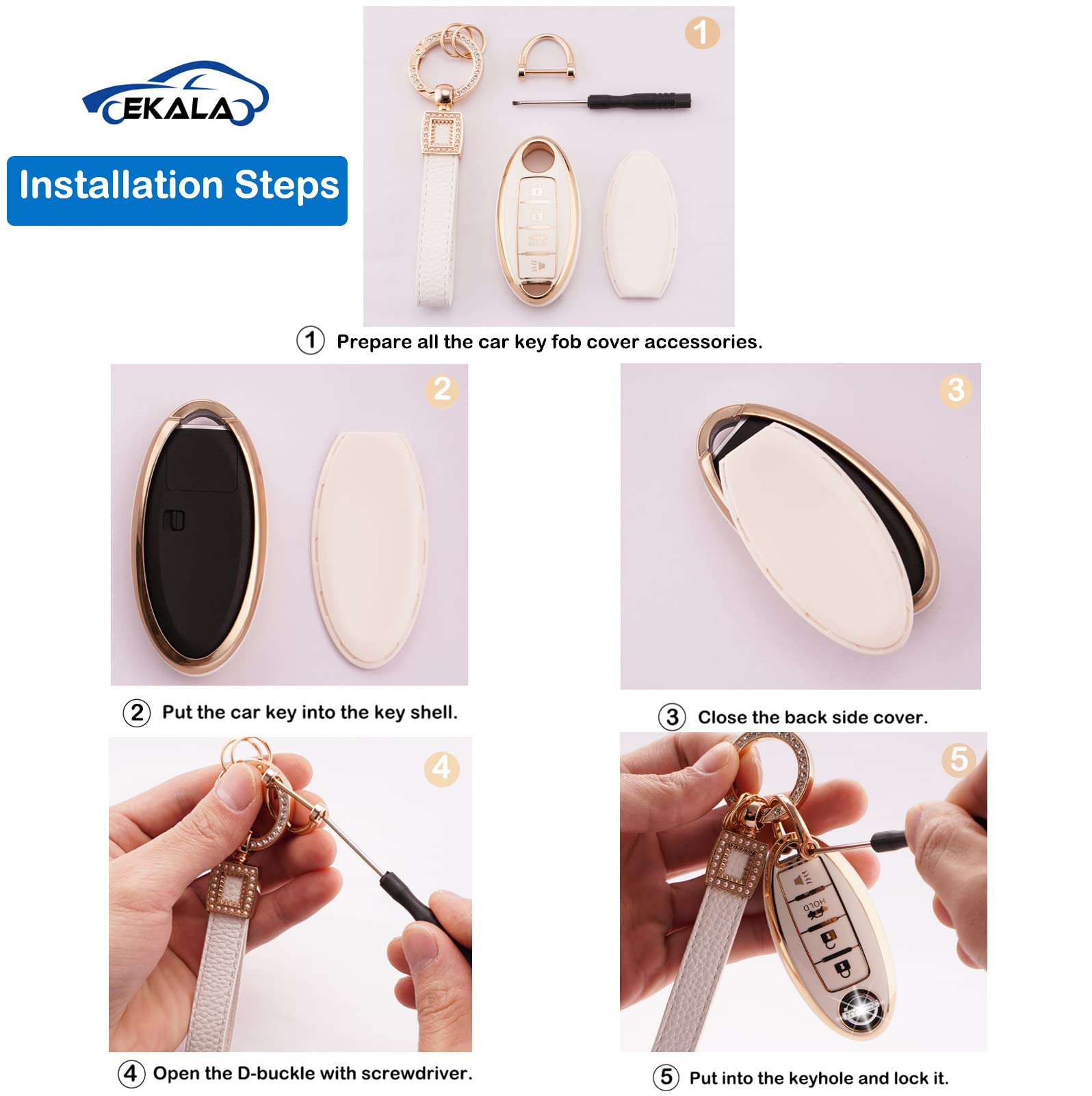 EKALA for Nissan 4-Button Key Fob Cover Soft TPU White Case with Leather Lanyard Fit for Altima Armada Maxima Sentra Pathfinder