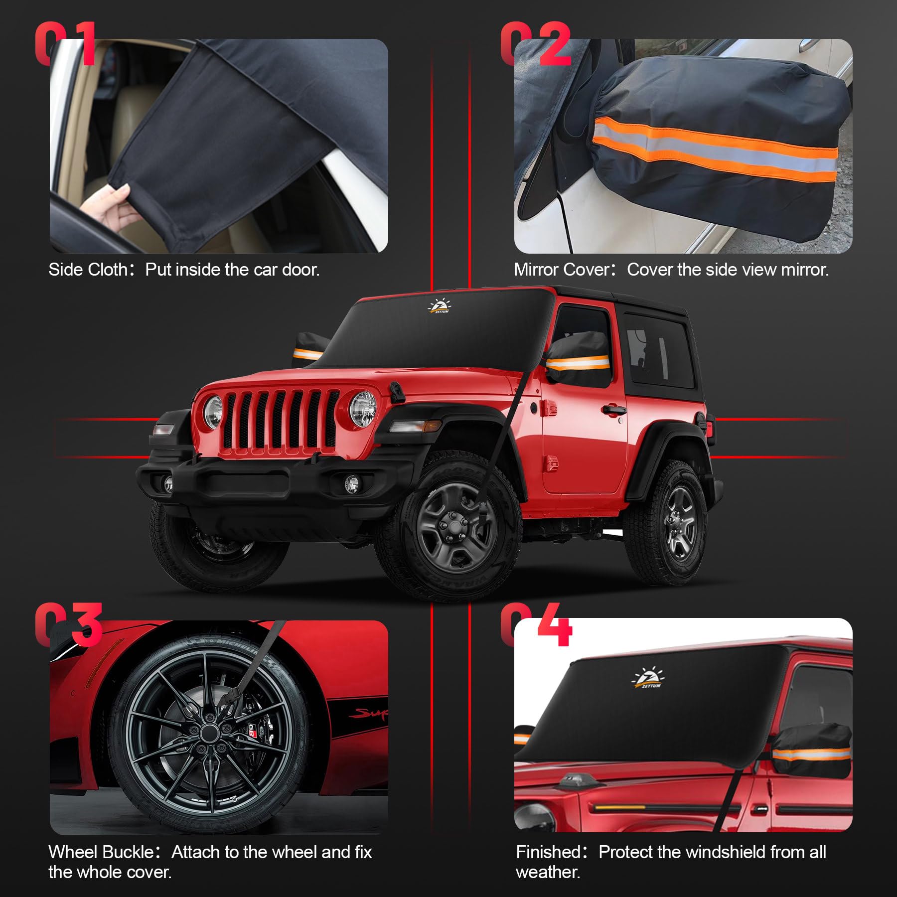 Zettum Car Windshield With Tow Mirror Cover - 600D Windshield Cover For Ice And Snow Windproof & Heavy Duty, Winter Frost Hail P