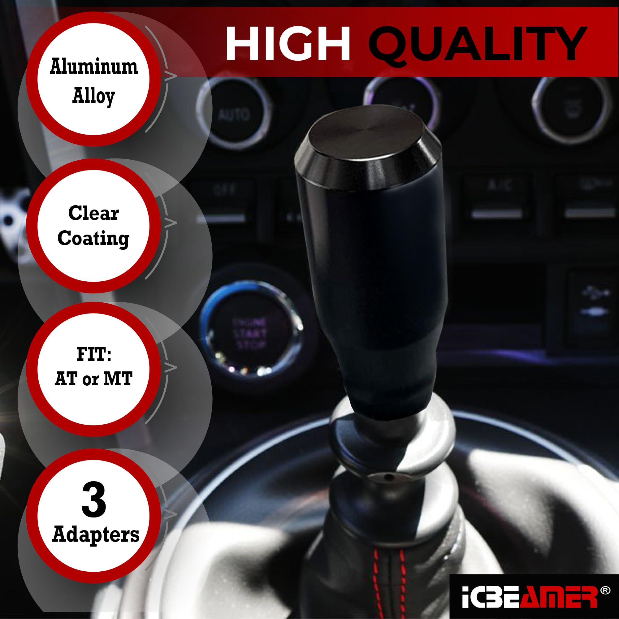 ICBEAMER Black Aluminum Shift Knob | Fits Automatic and 4, 5, 6 Speed Manual Transmission Vehicles | Interior Car Gear Lever Sti