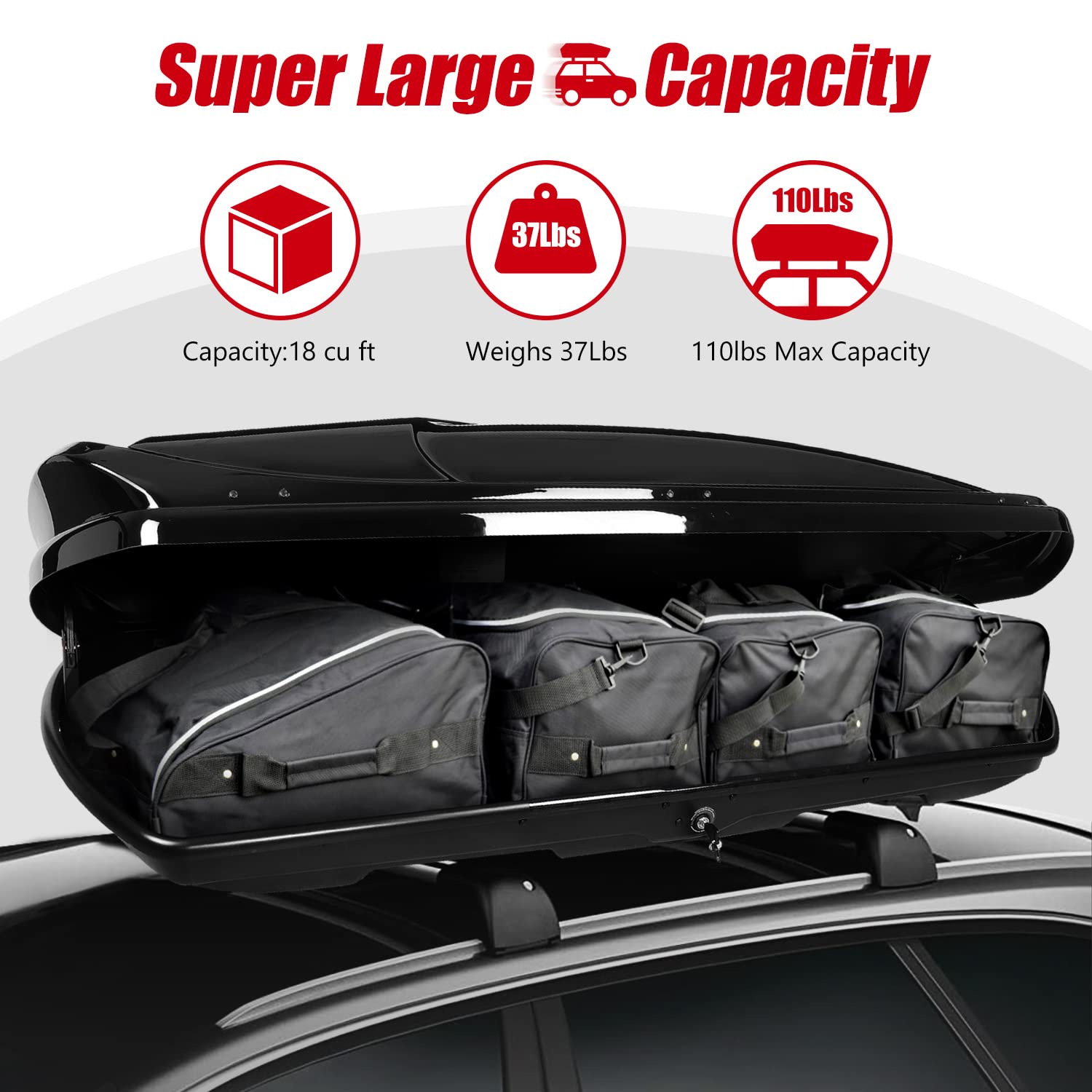 DNA MOTORING Extra Long XXL Lockable Rooftop Cargo Carrier Box Roof Luggage Storage Case w/Lock+Keys, 110Lb Capacity, 15 Cubic F