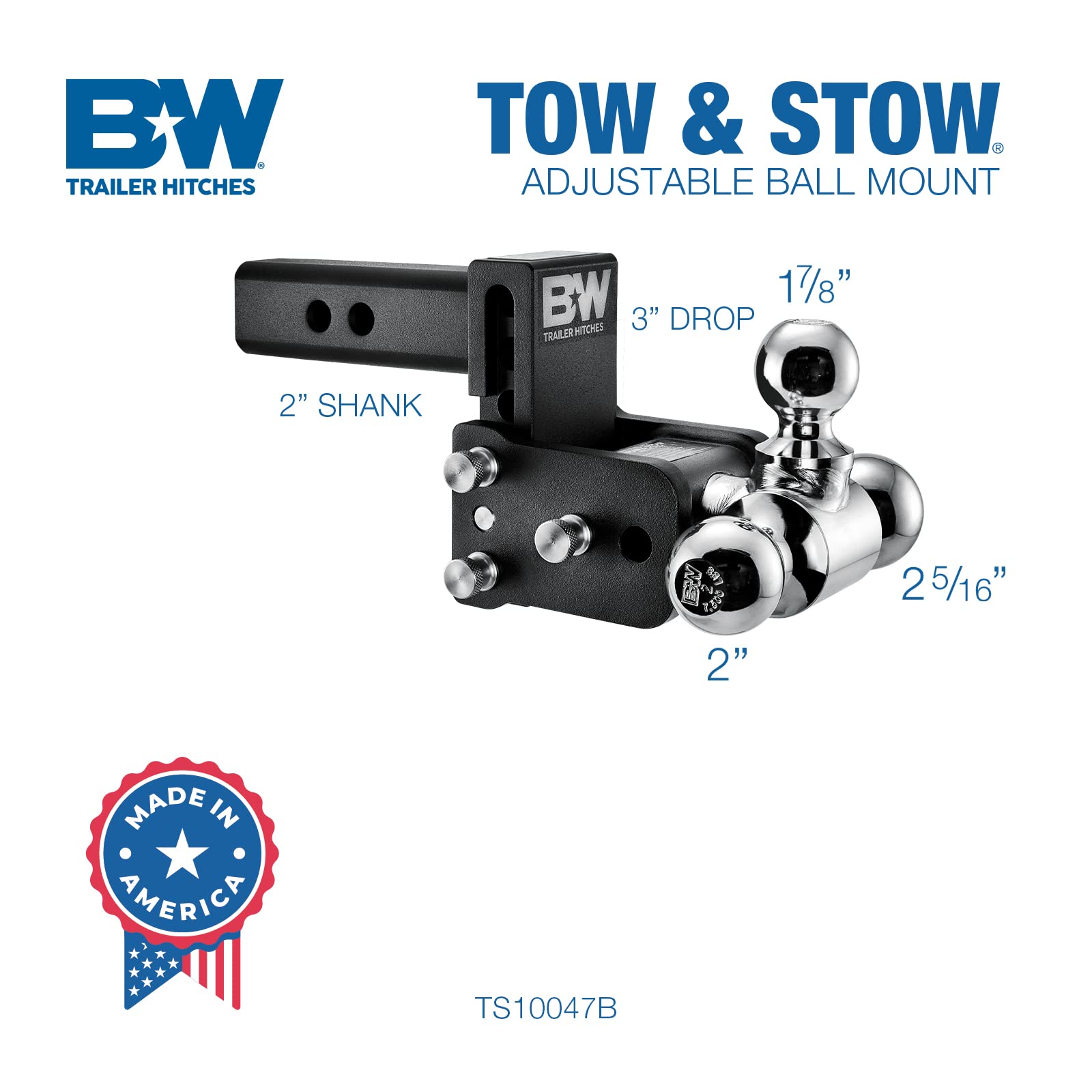 B&W Trailer Hitches Tow & Stow Adjustable Trailer Hitch Ball Mount - Fits 2'' Receiver, Tri-Ball (1-7/8'' X 2'' X 2-5/16''), 3''