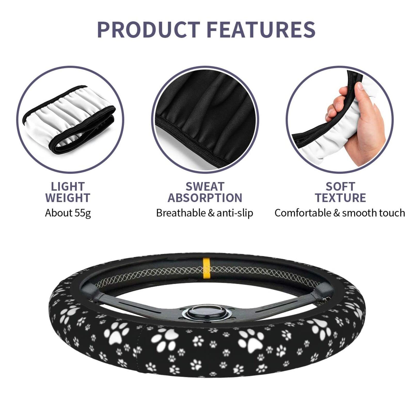 Paw Print Steering Wheel Cover for Women Men with 2 Pcs Car Coasters, Universal 14.5-15 Inch Cute Steering Wheel Covers Non-Slip