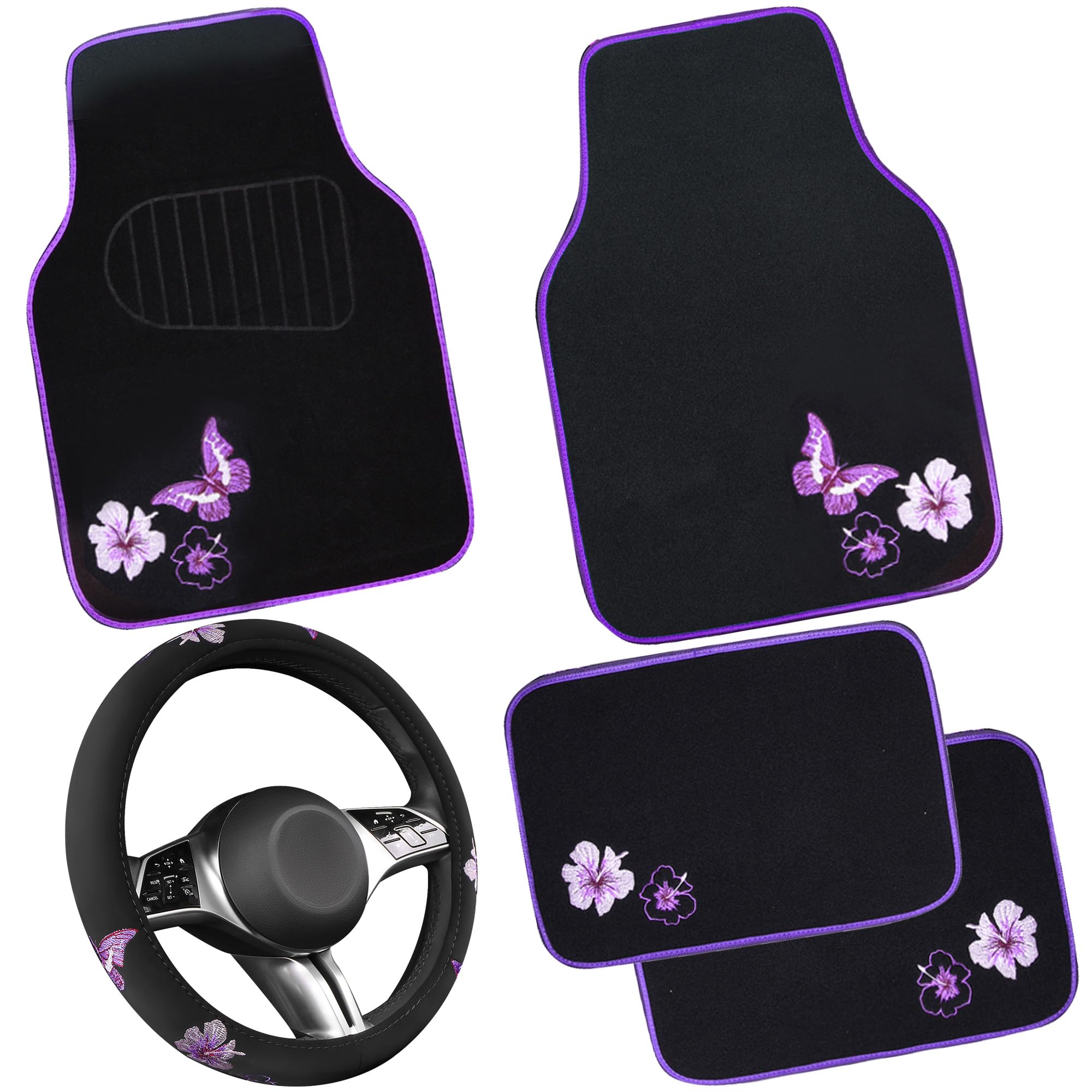 Car Pass Butterfly Steering Wheel Cover And Waterproof Car Floor Mats,Purple Car Mats 14.5-15Inch Steering Wheel Covers Universa