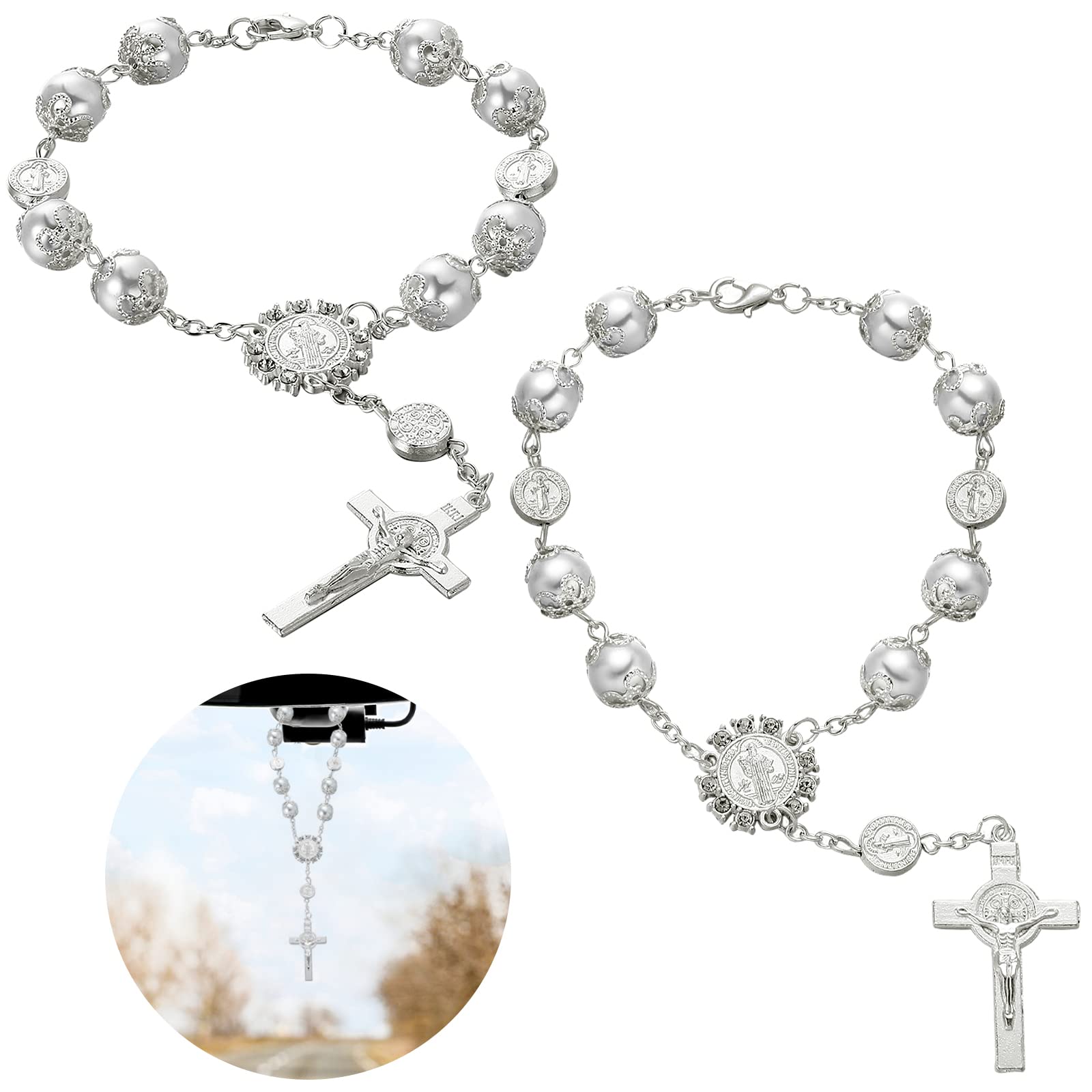 Saint Benedict Car Rosary 2 Pcs Rearview Mirror Auto Rosary Hanging Personalized Car Cross Blessing Catholic Car Medal For Truck Bike Motorcycle Car Mirror Hanging Accessories Interior Decors (Silver)