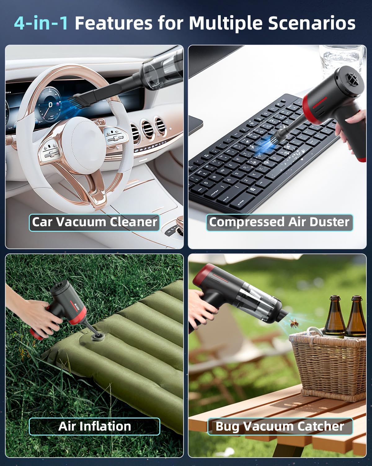 AX2V Car Vacuum Portable Cordless - 16000Pa Powerful Suction, 2 in 1 Handheld Vacuum and Air Duster with Cleaning Gel, Ideal for