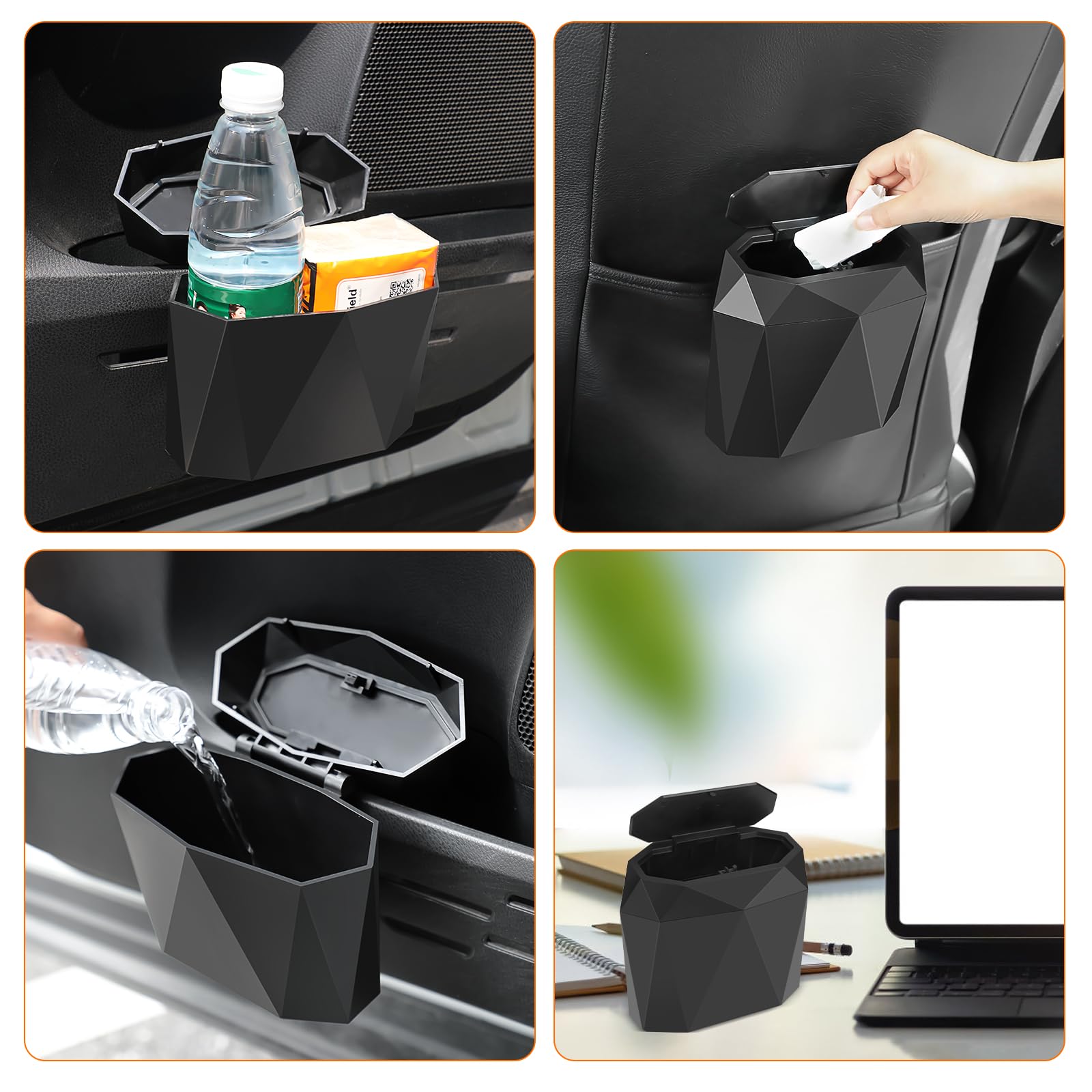 Wontolf Mini Car Trash Can Bin With Lid, Small Car Garbage Can With 60Pcs Trash Bags, Abs Diamond Design Dustbin Car Organizer Container Car Accessories For Car/Office/Home Black