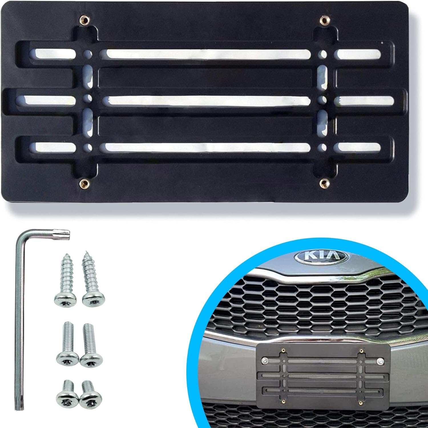 Front Bumper License Plate Bracket For Hyundai And Kia 2000-2023, Plate Holder Set W 6 Unique Screw Bolts & Wrench Kit, License Tag Mounting Kit, Quality Plate Holders, Car Accessories