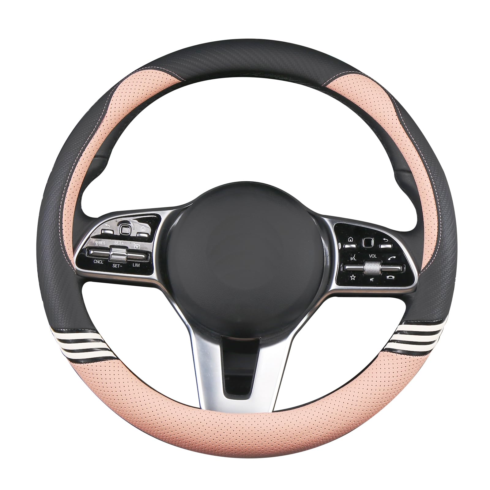 Binsheo Cute Steering Wheel Cover For Women Men Leather Universal 15 Inch,Black And Pink