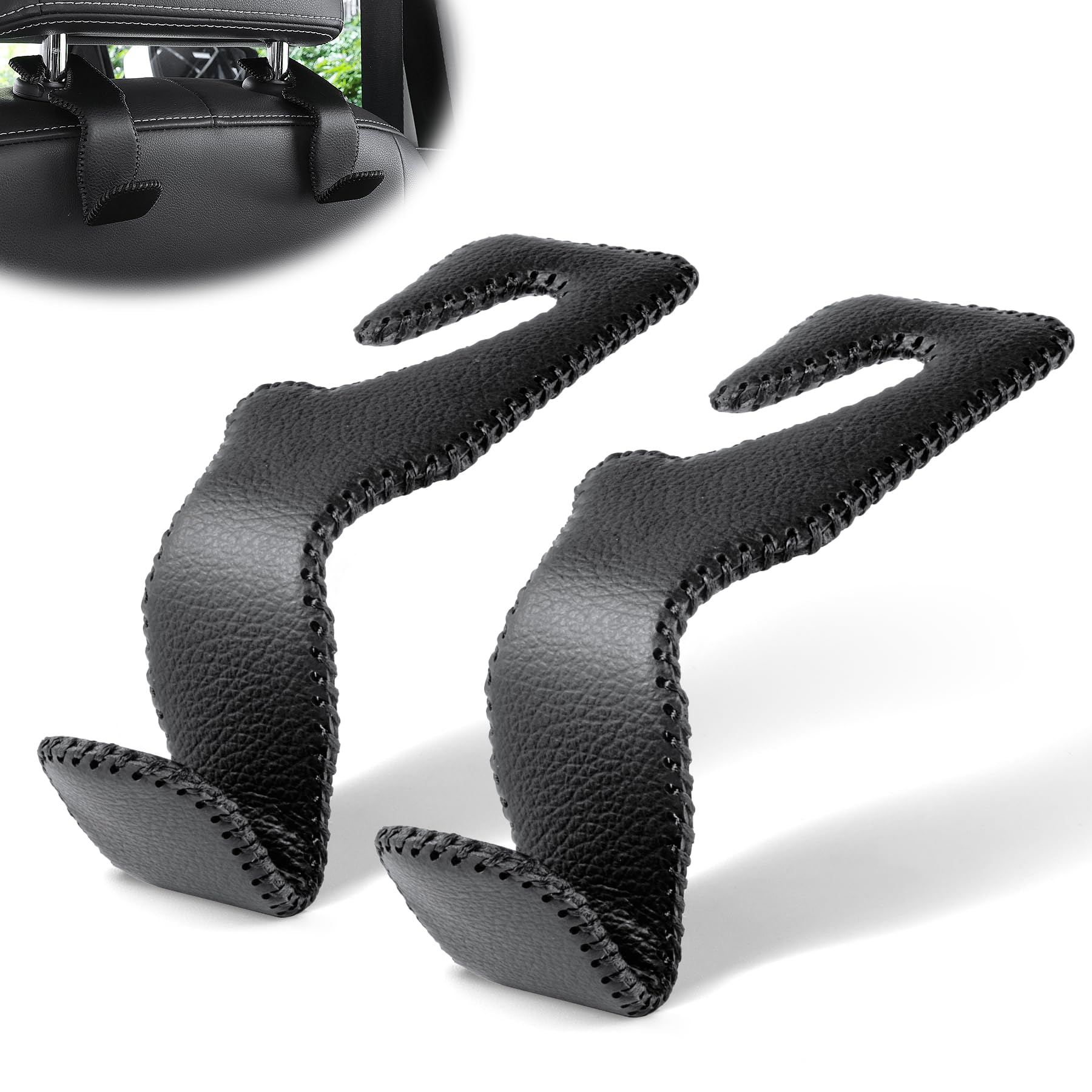 Livtee Black Superior Leather Car Seat Back Headrest Hooks, Auto Seat Hook Hangers Interior Accessories For Purse Coats Umbrella