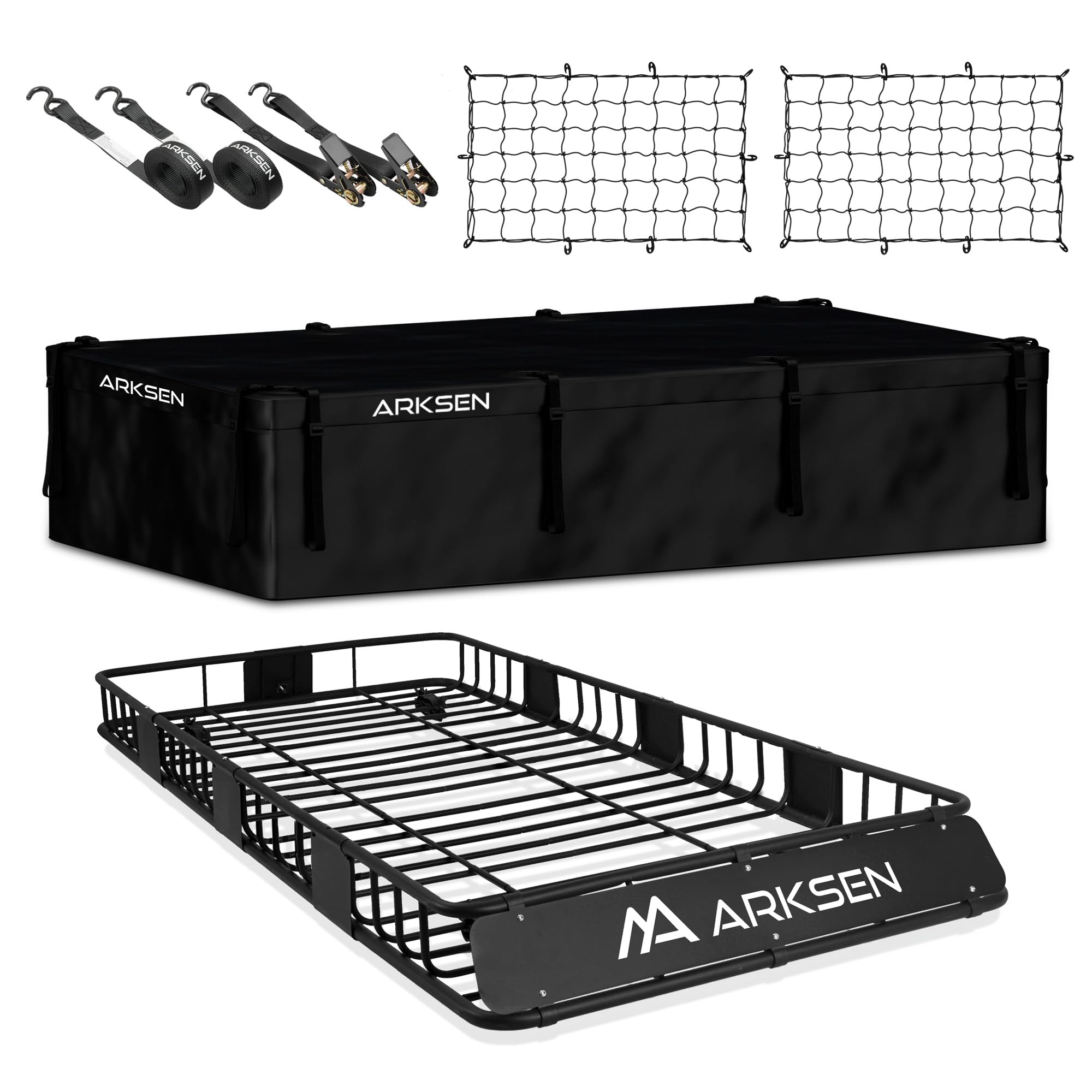 Arksen 84 X 39 X 6 Inch Heavy Duty 250Lb Roof Rack Cargo Carrier With 500D Waterproof Cargo Bag, 2 Cargo Nets & 2 Ratchet Straps