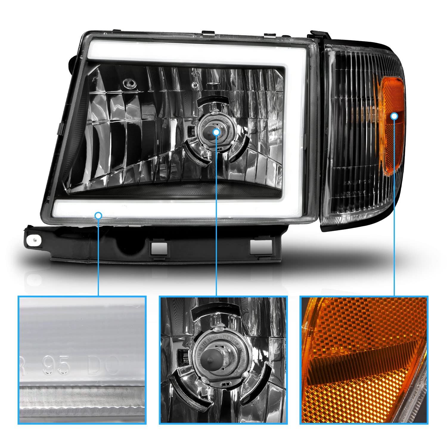 Amerilite For 1997-2000 Toyota Tacoma 2Wd Pickup Led Tube Black Reaplcement Headlights + Corner Light Set - Passenger And Driver Side