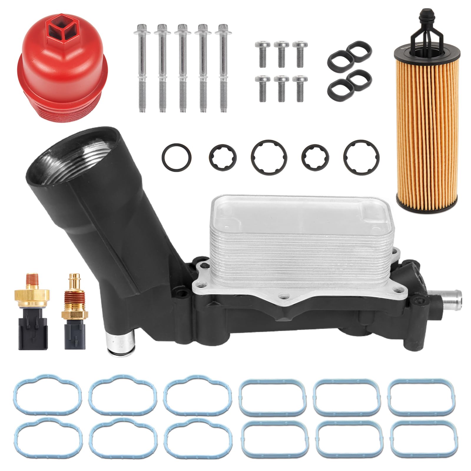 Upgrade Full Aluminum Engine Oil Cooler Filter Housing With Sensors And Gaskets Compatible With 2011-2016 Chrysler 200 300 Dodge