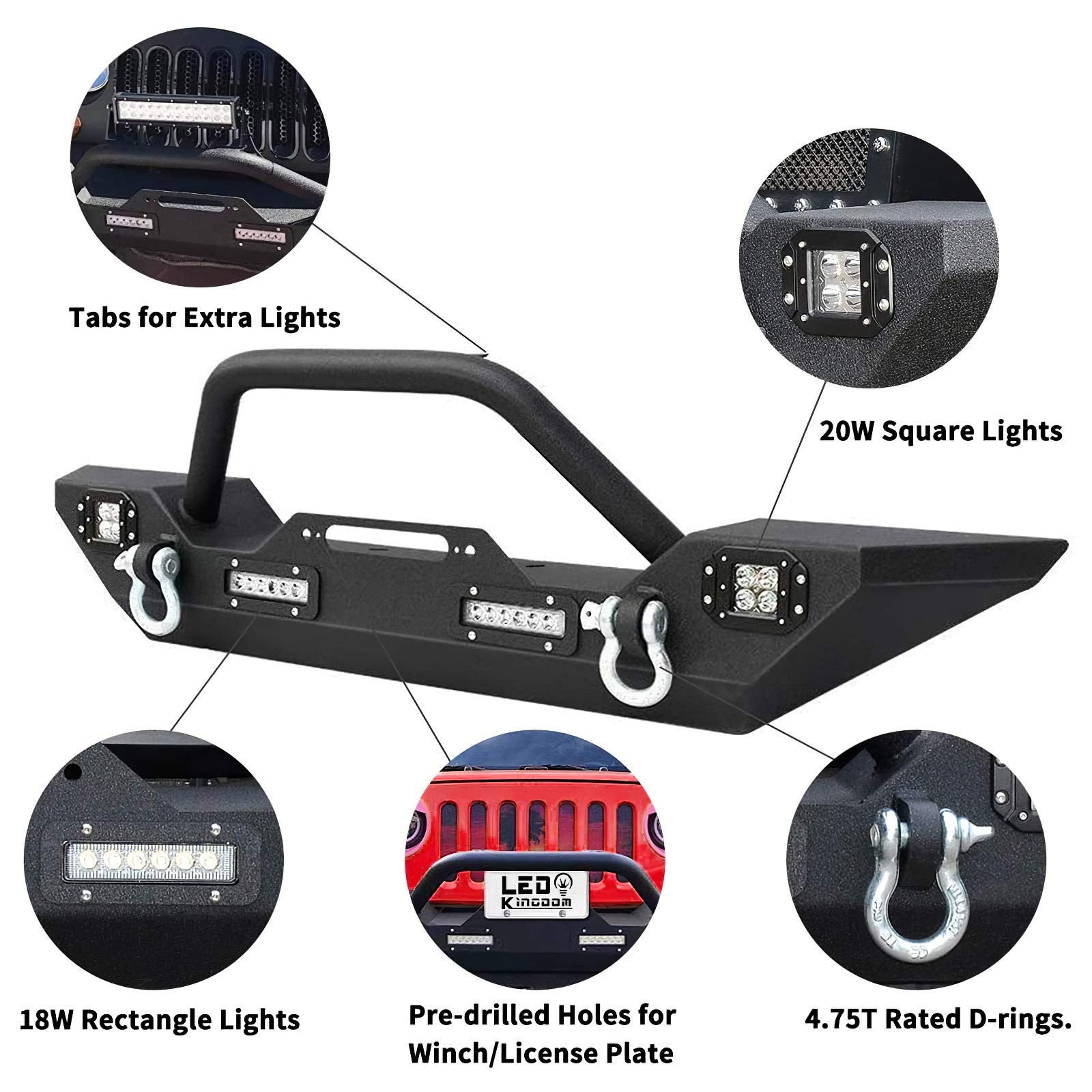 Ledkingdomus Front& Rear Bumper Compatible 07-18 Jeep Wrangler Jk &Unlimited Rock Crawler 4X Led Lights W/Winch Plate D-Rings, 2