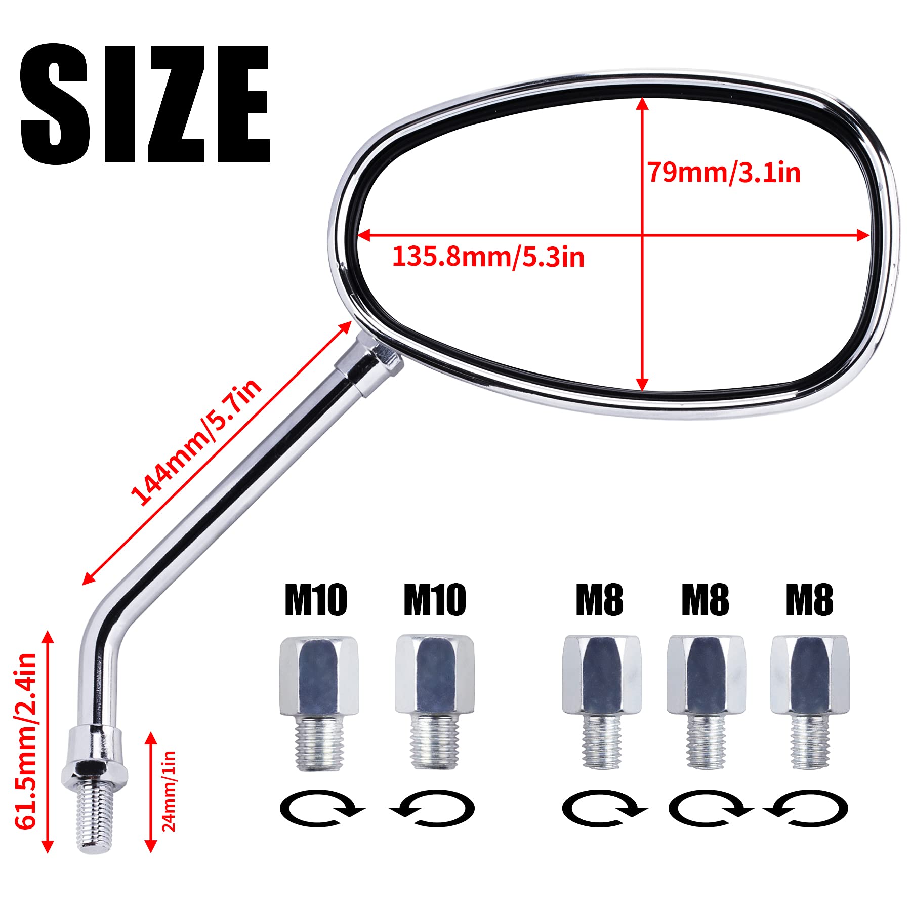 Oraevy Motorcycle Mirrors, Universal 10Mm 8Mm Chrome Motorcycle Rear View Side Mirrors Handle Bar Bar End Motorcycle Mirrors