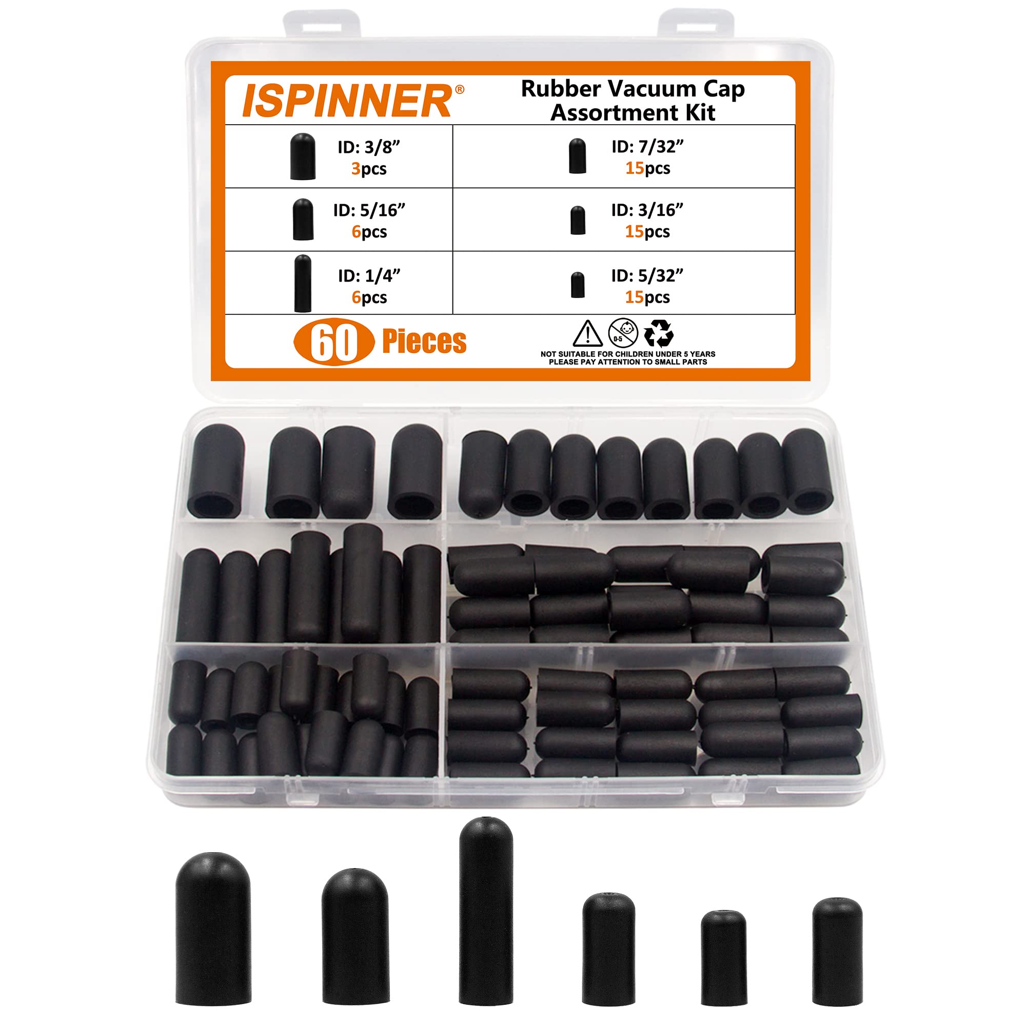 ISPINNER 60pcs Rubber Vacuum Caps Assortment Kit, Hose End Caps for Carburetor, Manifold, Automotive 3/16'' 5/32'' 7/32'' 1/4'' 