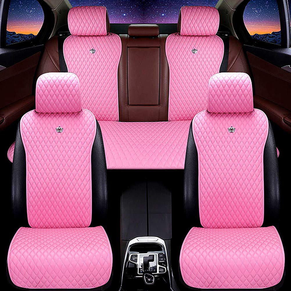 Red Rain Universal Seat Covers For Cars Leather Seat Cover With Crown Pink Car Seat Cover 2/3 Covered 11Pcs Fit Car/Auto/Truck/S