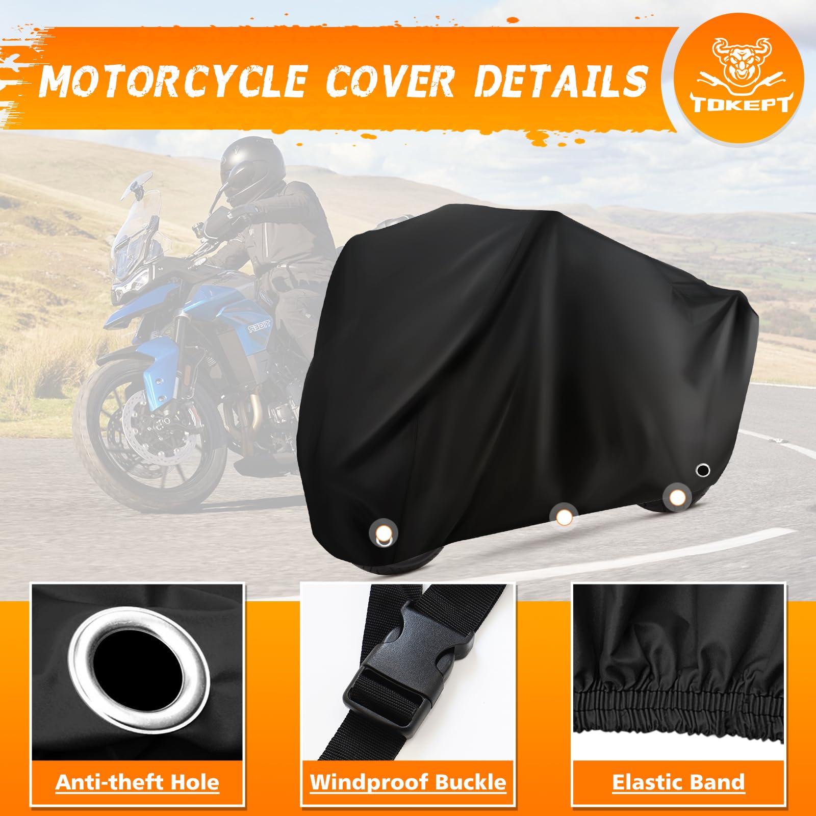 Tokept Motorcycle Cover Waterproof Sun with Lock-Holes & Storage Bag Heavy Duty Material, Fits up to 96'' Harley Davison and All