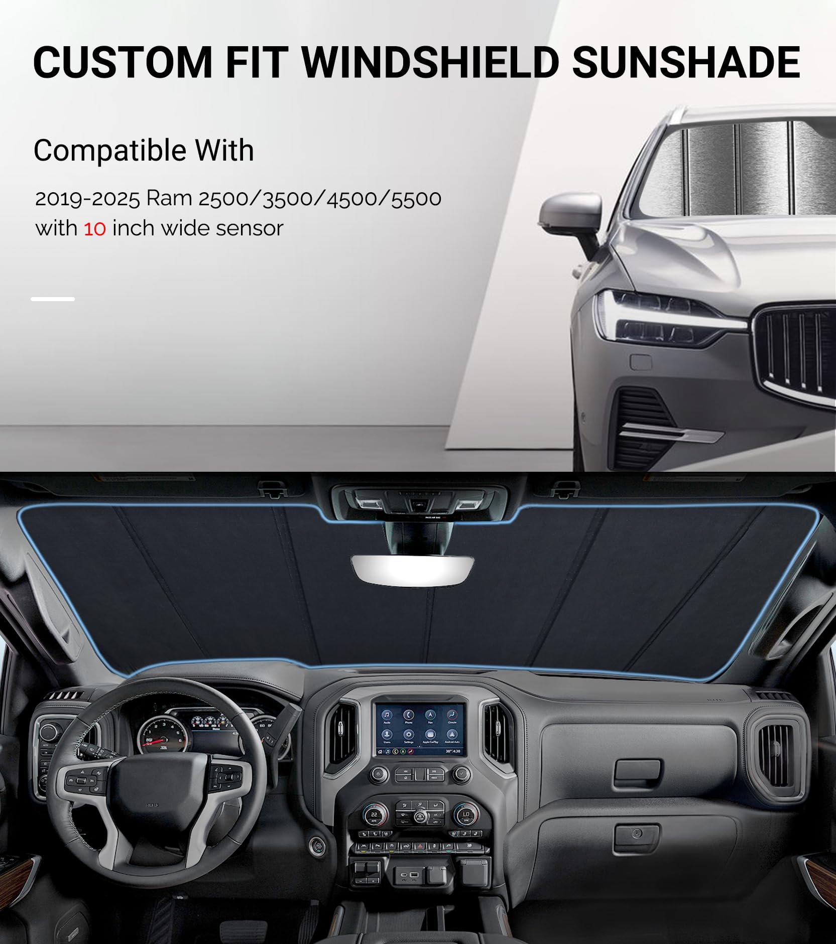 Pigenius Windshield Sunshade for Ram 2500/3500/4500/5500 2019-2025 with 10 inch Wide Sensor- Metallic