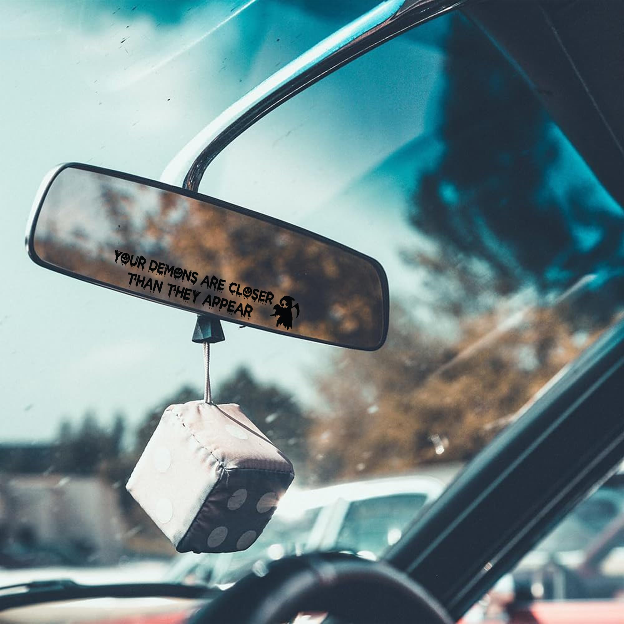 Funny Halloween Vanity Mirror Stickers - 2 Pcs, Rear View Mirror Sticker, Car Decorations, Goth Car Accessories (Your Demons Bla