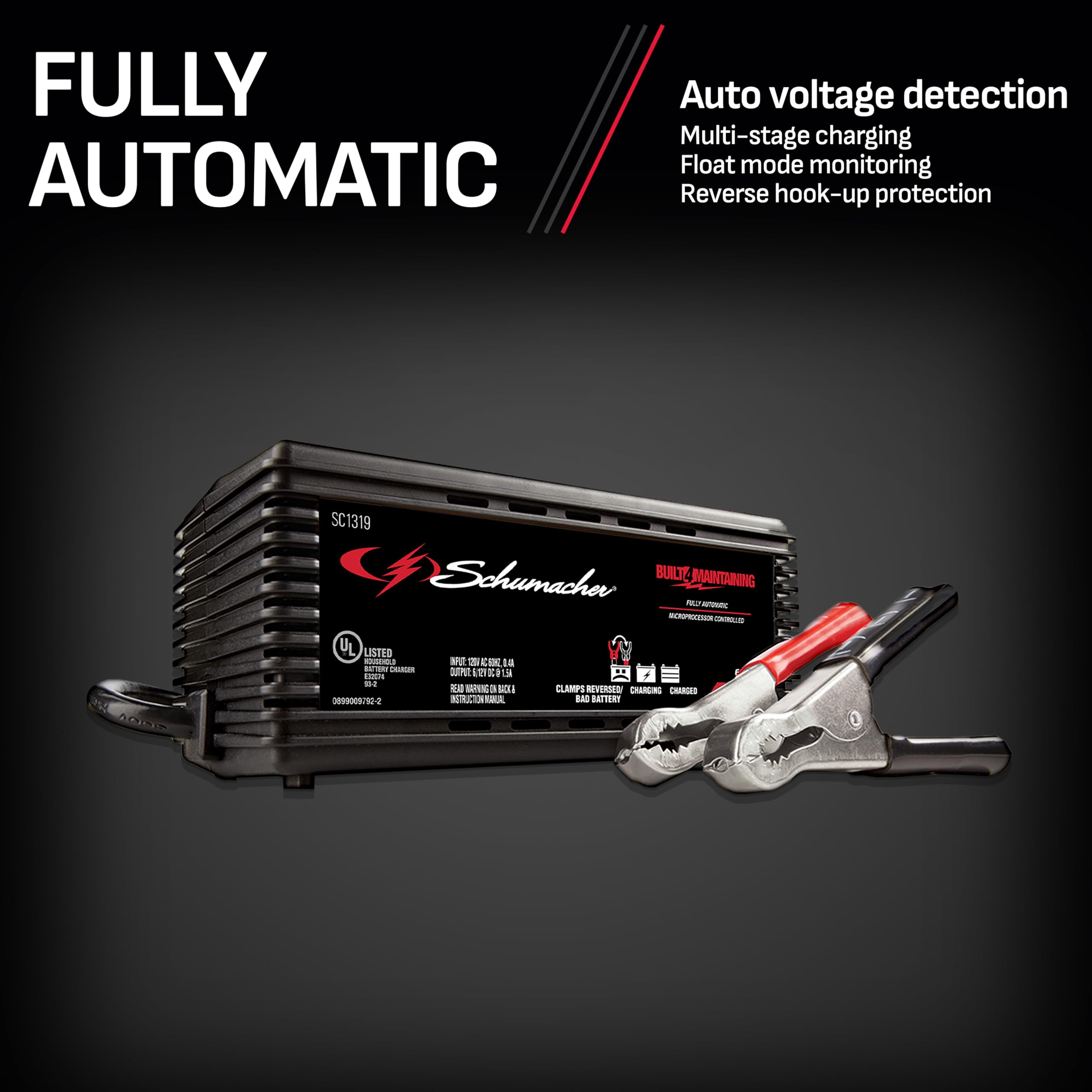 Schumacher Electric Battery Charger and Maintainer, 3-in-1, SC1319 - Fully Automatic, 1.5 Amp, 6 Volt and 12 Volt for Car, Power Sport and Marine Batteries