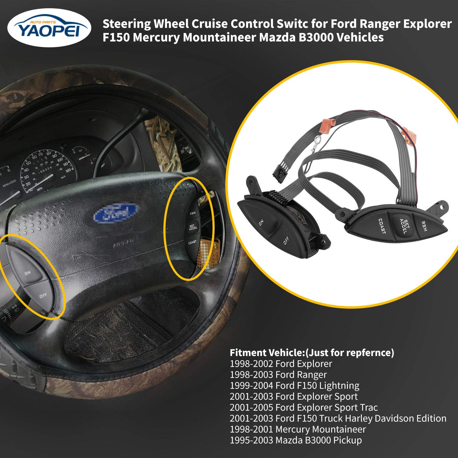 F87A-9D809-Ba Steering Wheel Mounted Cruise Control Switch Button Kit For Ford Ranger Explorer Sport Trac F150 Mountaineer, Mazda B3000 1995 1996 1997 1998 1999 2000 2001 2002 2003 Sw-5928 F87Z9C888Bb