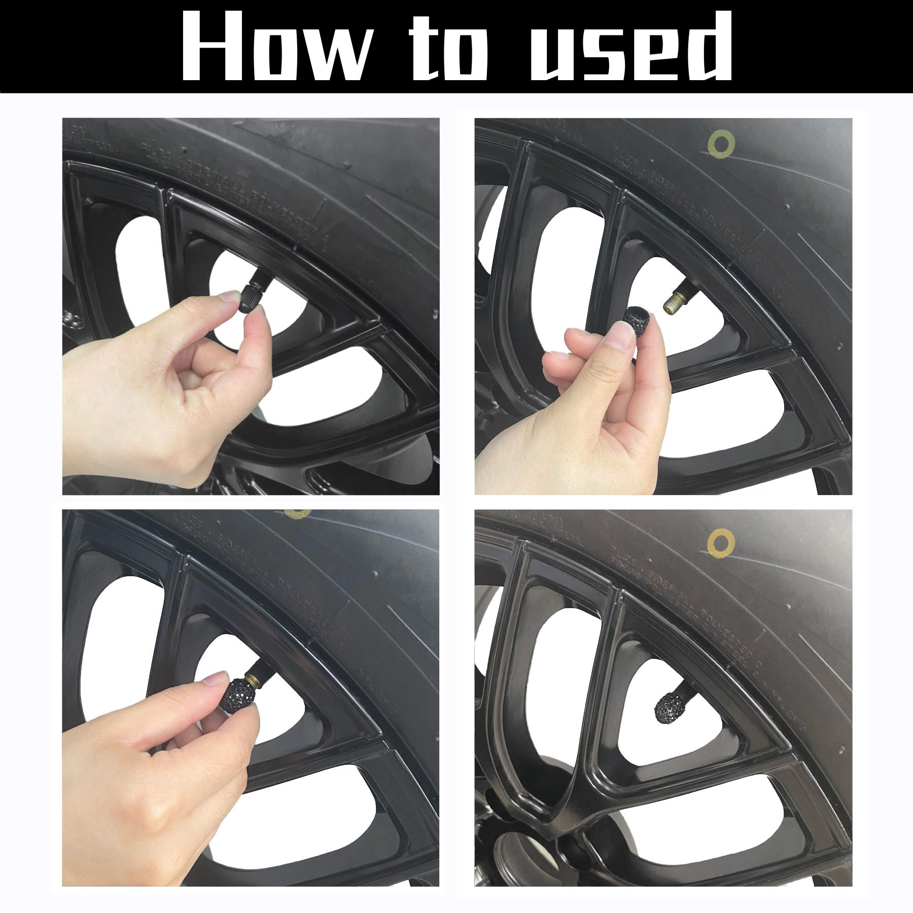 Justtop 4 Pack Handmade Crystal Rhinestone Car Tire Valve Stem Caps, Wheel Valve, Attractive Dustproof Bling Accessories, Universal For Cars, Trucks And Motorcycles-Black