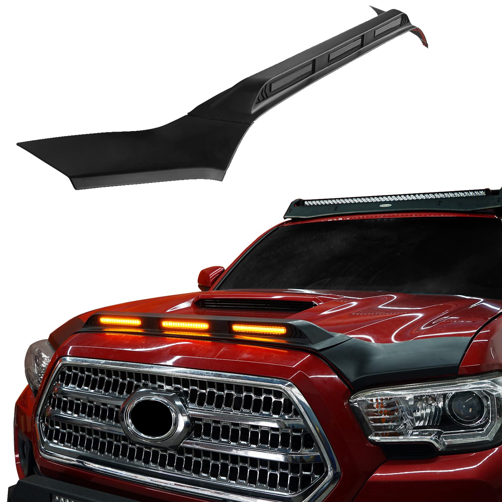 Hooke Road Tacoma Hood Deflector Bug Protector Shield Guard with Amber LED Lights for Toyota Tacoma 3rd Gen 2016 2017 2018 2019 