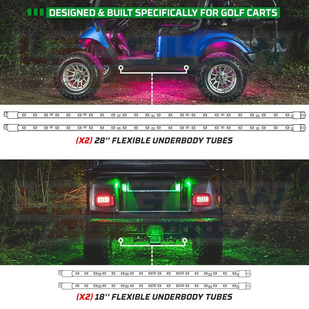 Ledglow 4Pc Expandable Million Color Led 4-Seater Golf Cart Underglow Accent Neon Lighting Kit For Ezgo Yamaha Club Car - Fits 12-Volt Battery - Water Resistant Flexible Tubes - Current Model