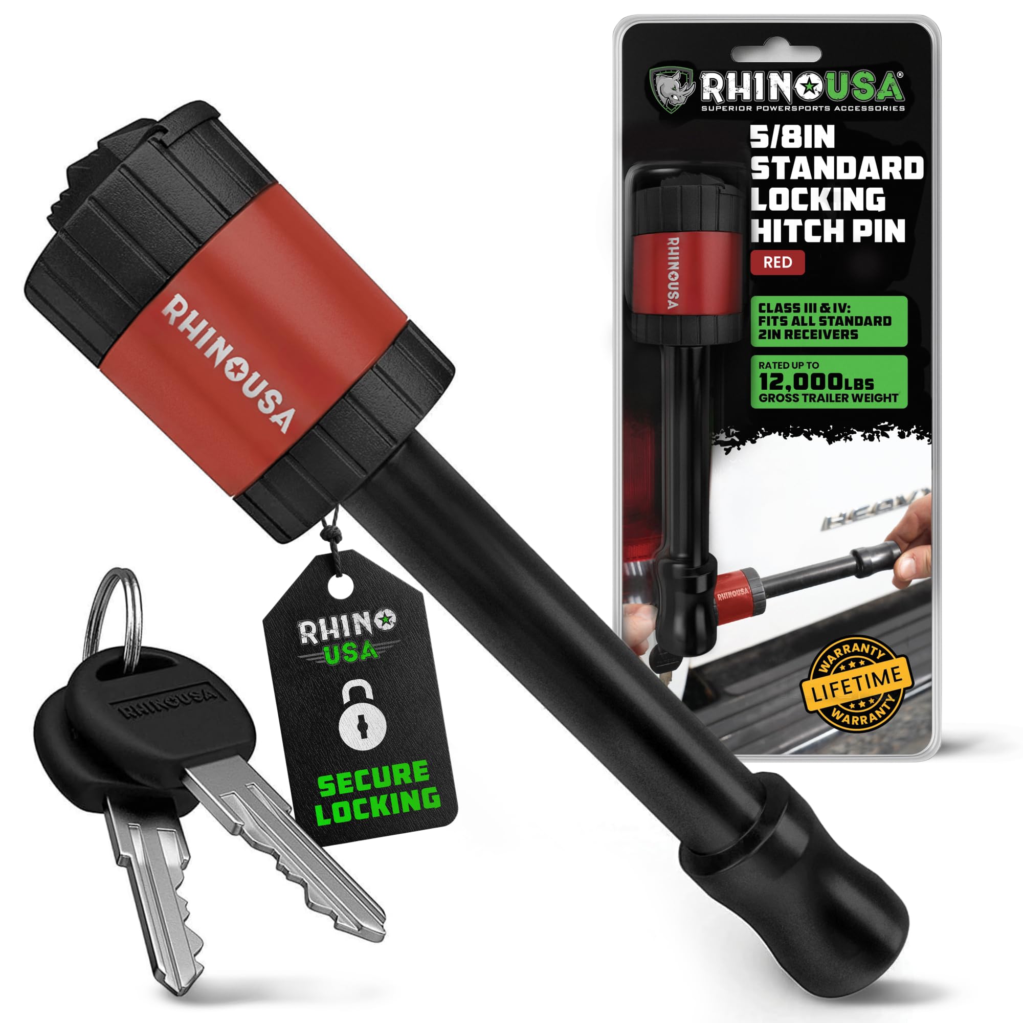 Rhino USA Trailer Hitch Pin (2 Inch) Patented 5/8 Locking Receiver Hitch Pins for Class III IV Hitches  Weatherproof AntiThef