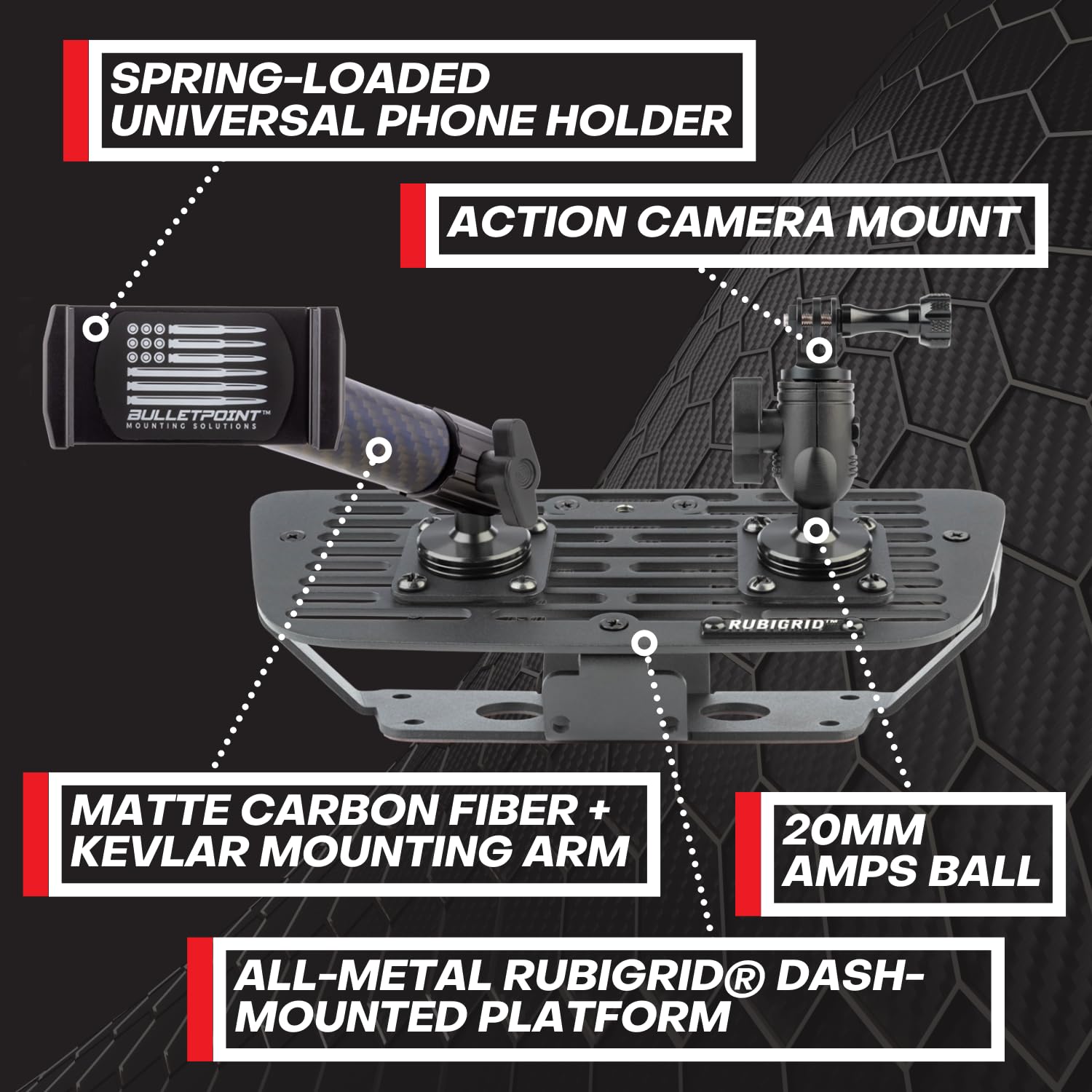 Bulletpoint Dash Cell Phone Holder Compatible with 2011-2018 Jeep Wrangler JK JKU 20mm Ball Mount (RubiGrid Multi-Device)
