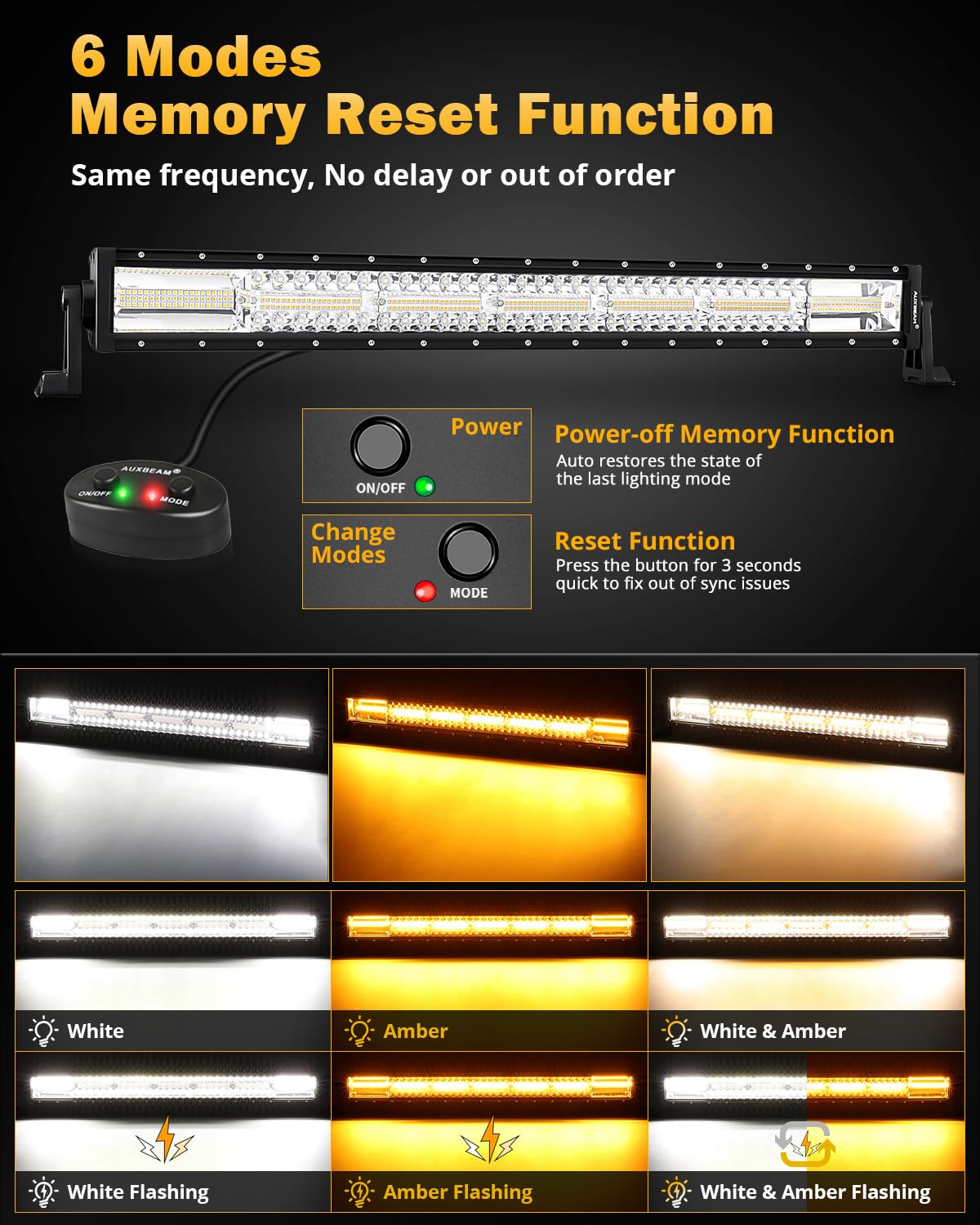 Auxbeam 6 Modes Amber White Series, 30 Inch 180W Led Light Bar Dual Color Flash Strobe Light, Spot Flood Combo Emergency Off-Roa