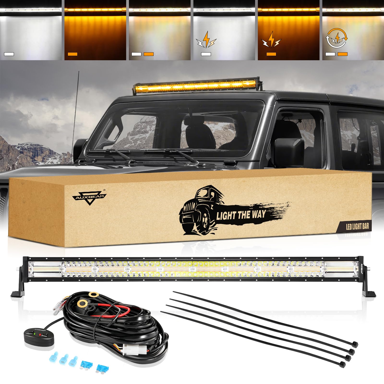 Auxbeam 42Inch 240W Led Straight Light Bar, 6 Modes Off Road Amber White Strobe Light, Dual Color Spot Flood Combo Beam Flashing