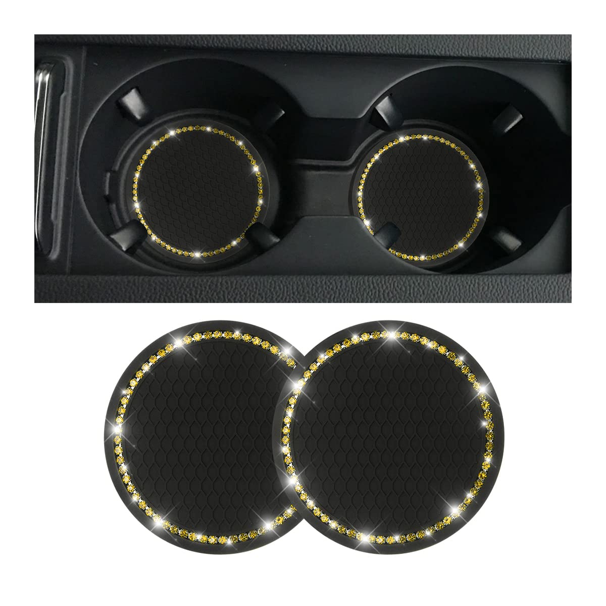 Car Cup Holder Coaster, 2 Pcs Universal Bling Crystal Rhinestone Car Accessories 2.75 Inch Auto Anti Slip Cup Holder Insert Mat Pad Set,Suitable For Most Car Interior (Black/Yellow)