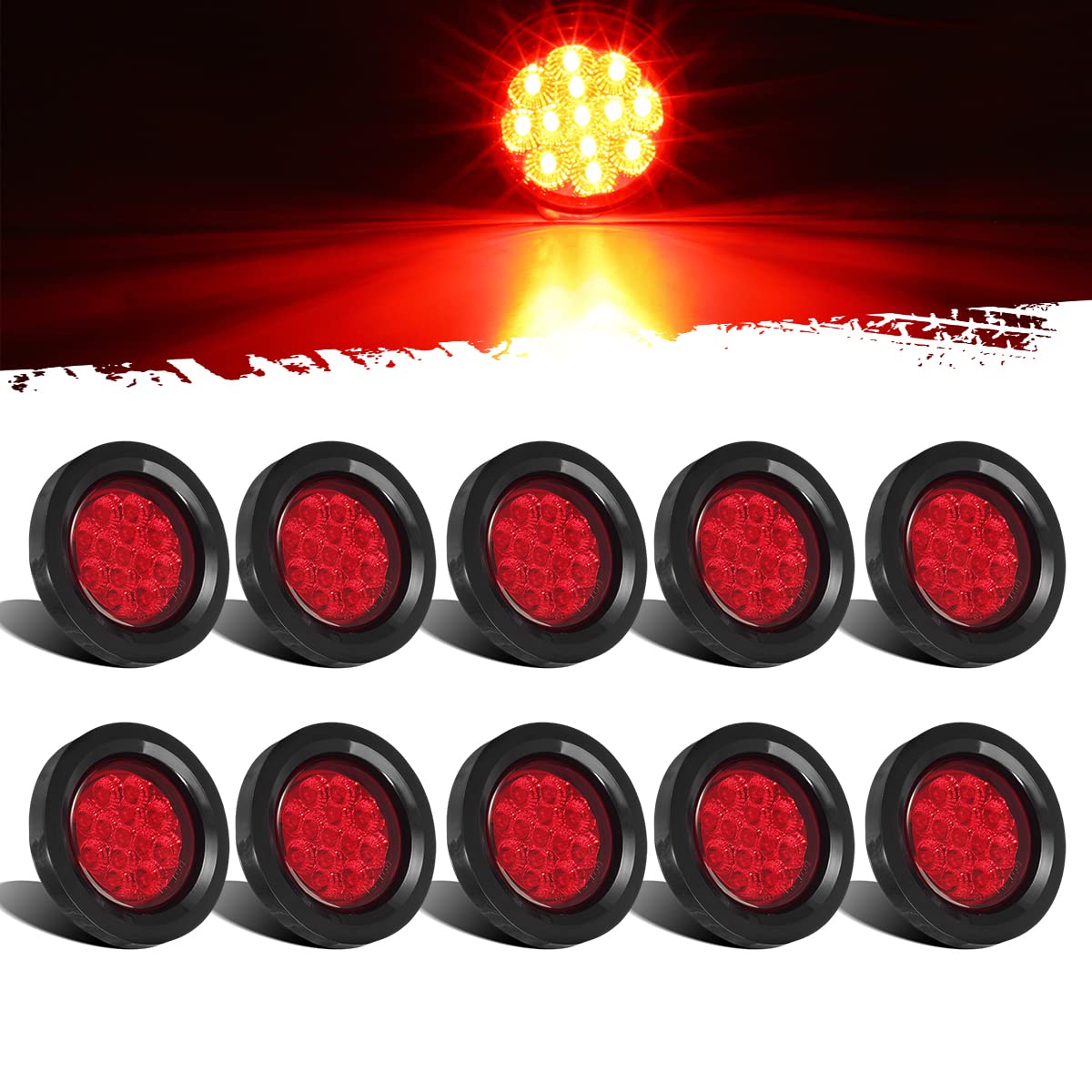 Partsam 10Pcs 2.5'' Round Red 13Led Side Marker Clearance Lights With Light Grommet And Wire Pigtail For Trailer Truck Rv, Flush