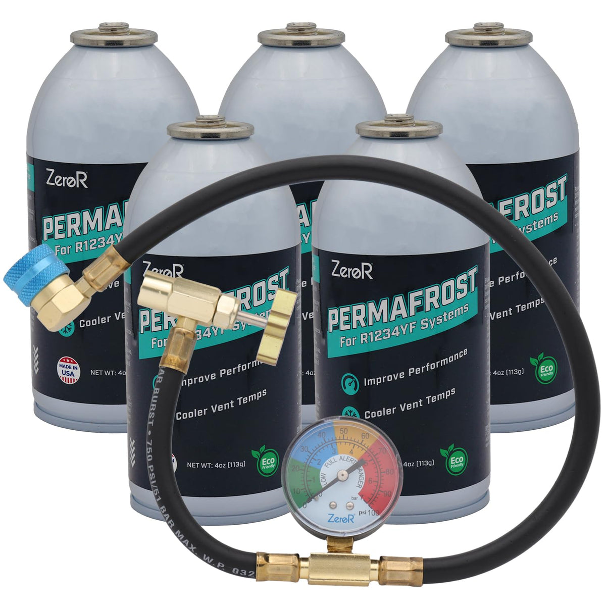 ZeroR Permafrost for R1234YF AC Systems | Performance Booster | 5 Cans + 24'' HD Can Tap Gauge