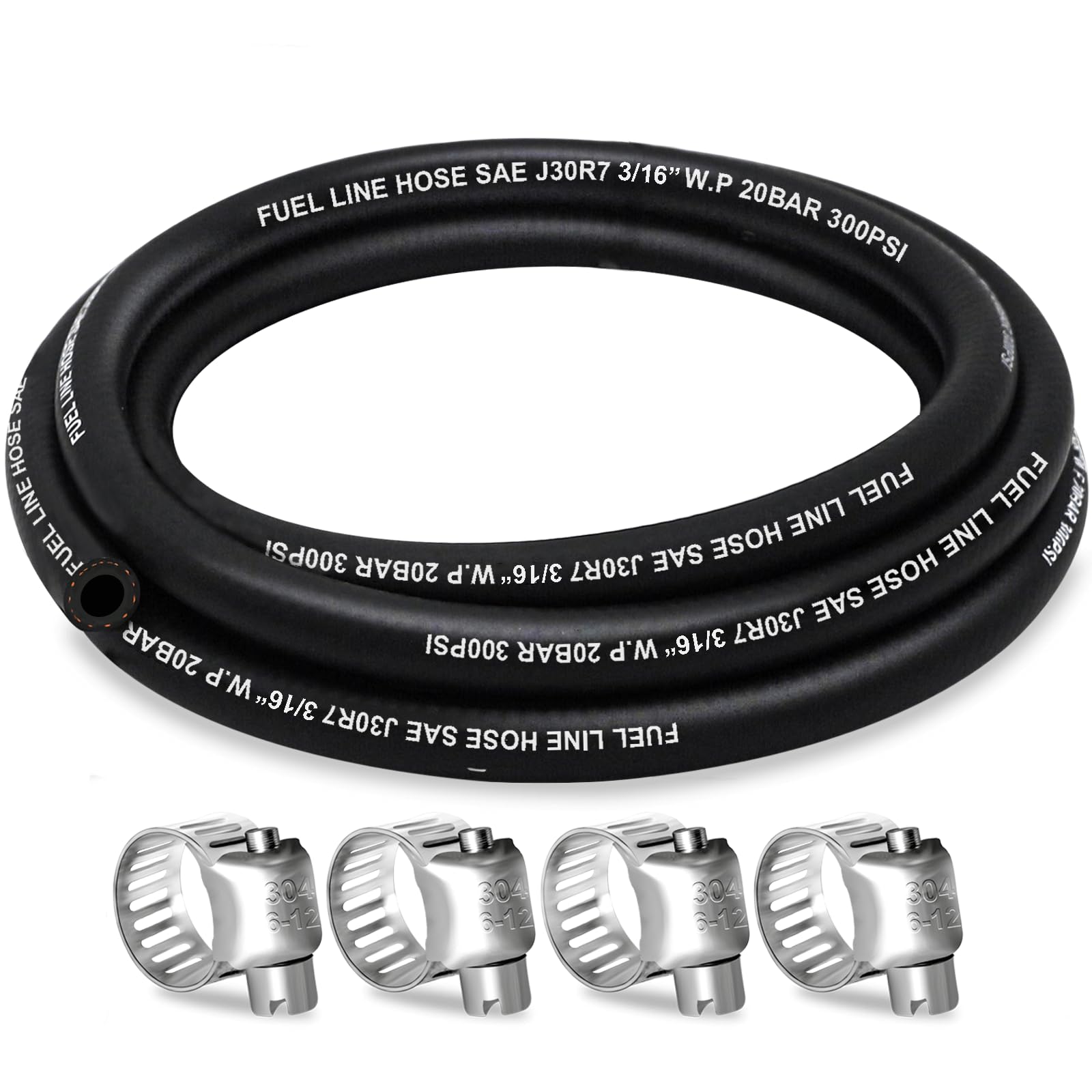 Housun Fuel Line 3/16 Inch Id, Fuel Hose 5Ft, J30R7 Fuel Line Hose Nbr With 4 Clamps.