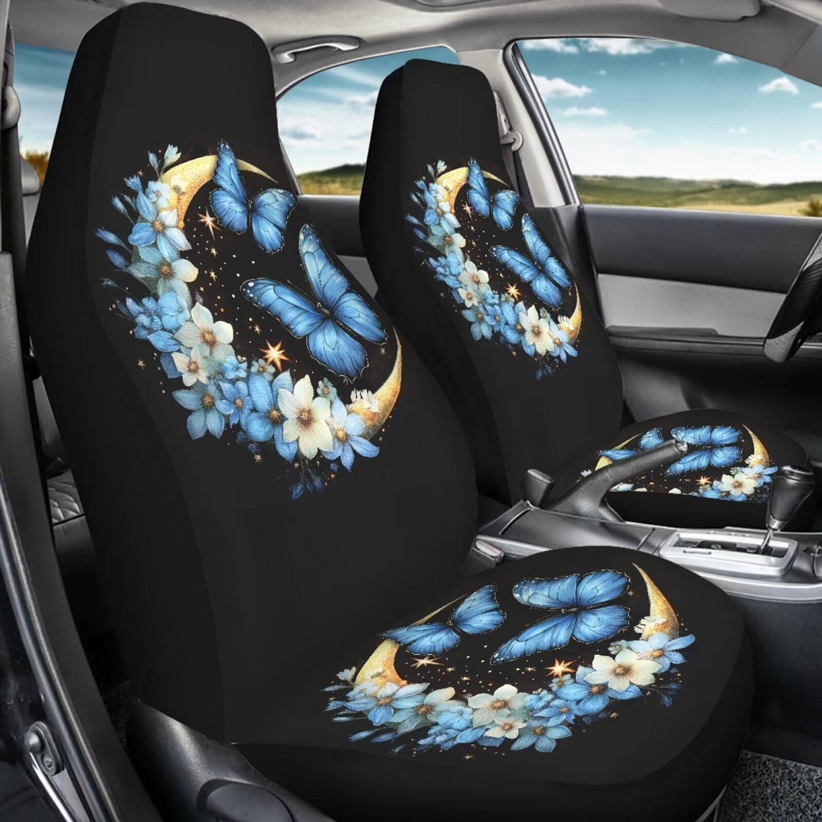 Bigcarjob Moon Butterfly Car Seat Covers Set Universal Car Interior Seat Rugs 2 Pcs Auto Front Seat Protector Set For Women Butt