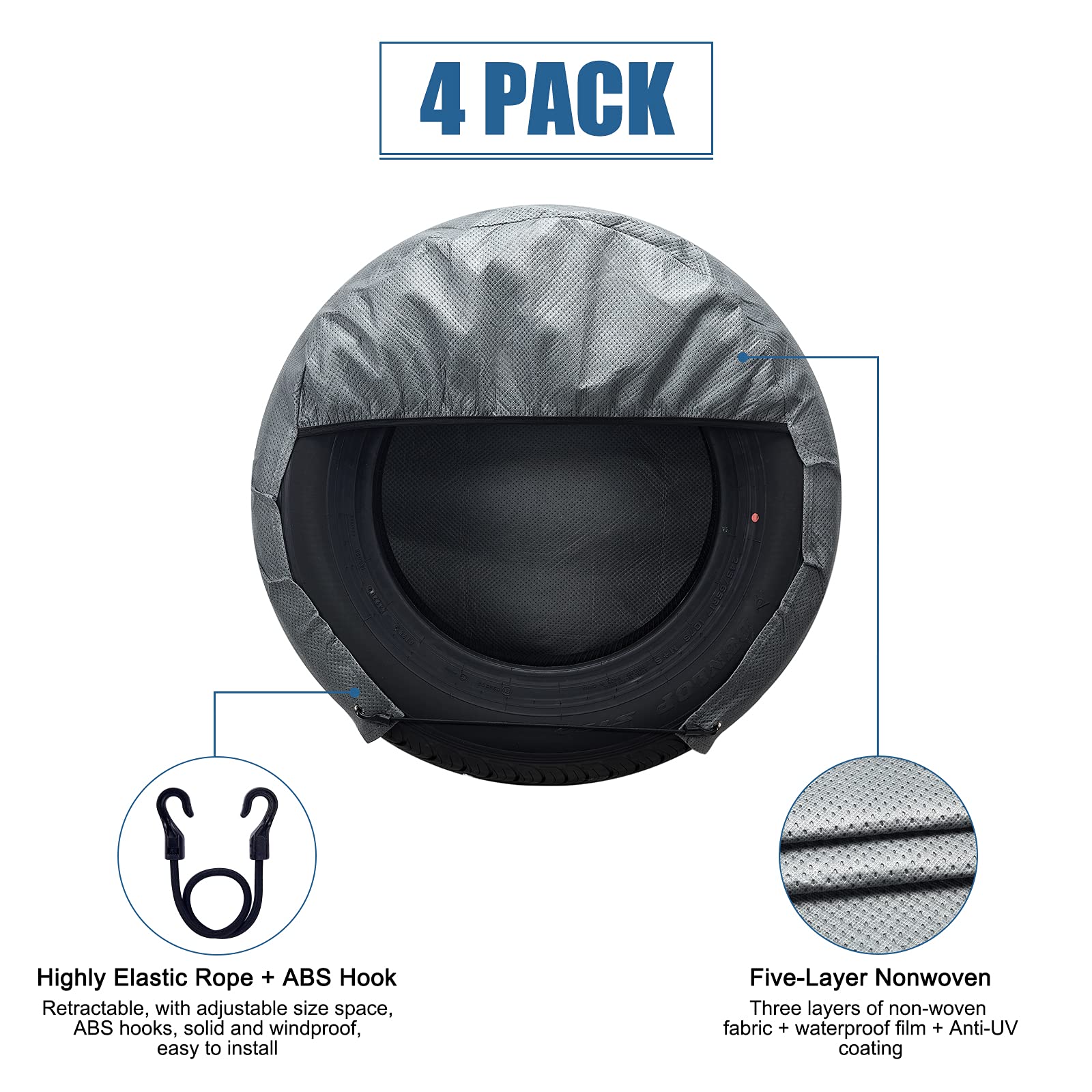 Syeral Tire Covers Set Of 4,Upgraded 5 Layer Nonwoven Rv Wheel Covers, Waterproof Anti-Uv Snow Sun Rain Tire Protectors Covers For Trailer,Camper,Rv,Truck,Suv,33-35Inch(Xl) Gray
