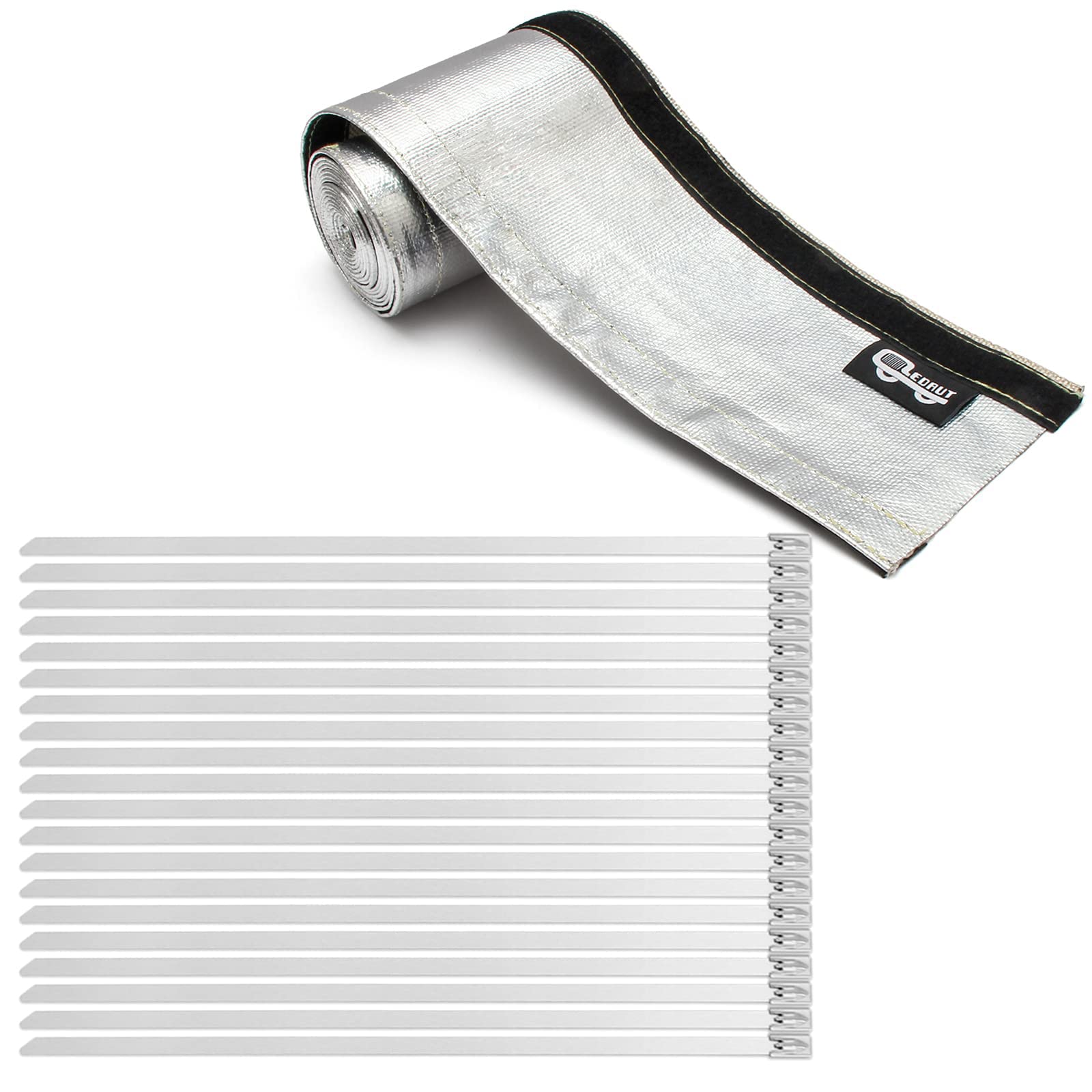 Heat Shroud Aluminized Sleeving Heat Shield Fuel Line Wire Heat Sleeve 1-1/2''I.D. X 10Ft With 20 Pcs 7.8Inch Stainless Steel Ca