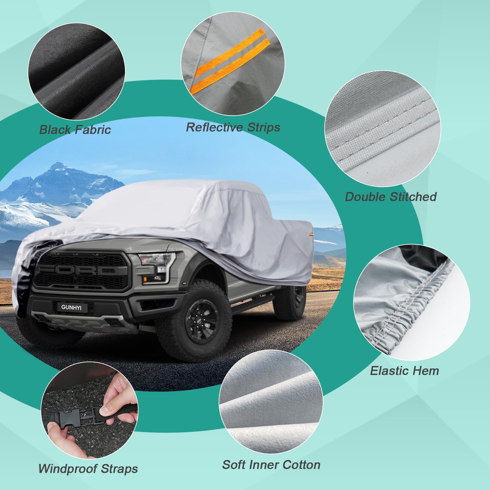 Gunhyi Pickup Truck Cover - Waterproof All Weather, 6 Layer Heavy Duty Universal Fit Ford F150, Chevy Silverado, Gmc Sierra, Dod