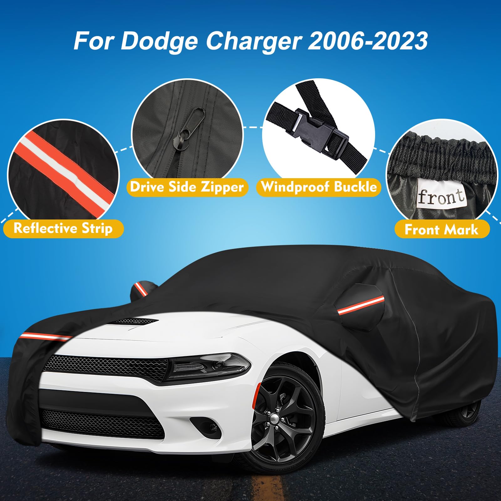 for Dodge Charger Car Cover Waterproof All Weather, 6 Layers Car Cover Waterproof All Weather 210D Windproof Fit for Dodge Charg