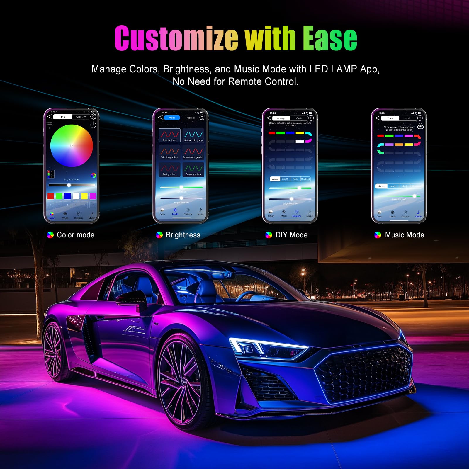 Yilaie Car Lights Interior, Multcolor Rgb Interior Lights With App Control And Music Sync, Usb Under Dash Lighting Kit With Char
