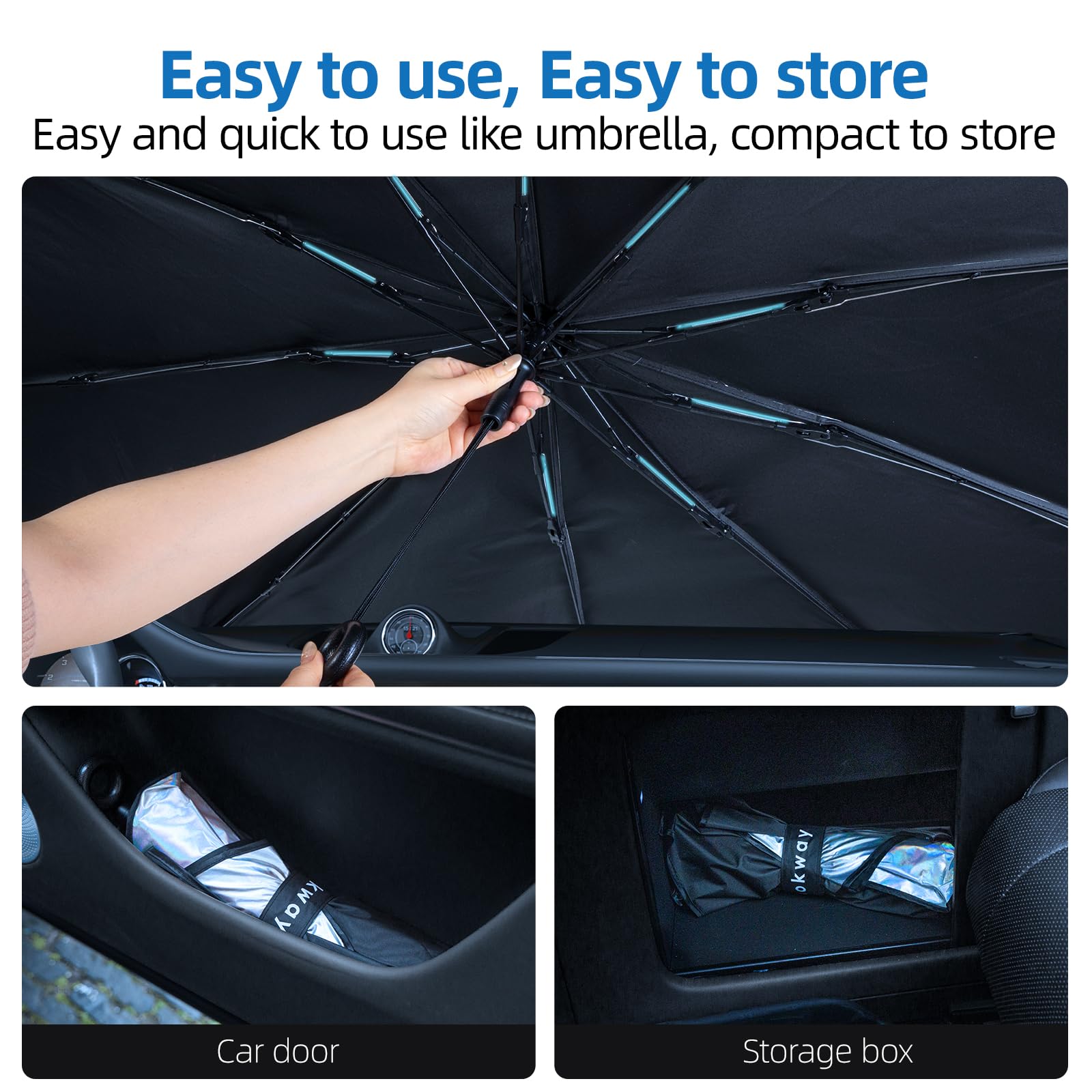 AOKWAY Windshield Sun Shade Umbrella, Foldable Car Sunshade with UV Blocking - Protect Car from Sun Rays & Heat Damage Keep Cool