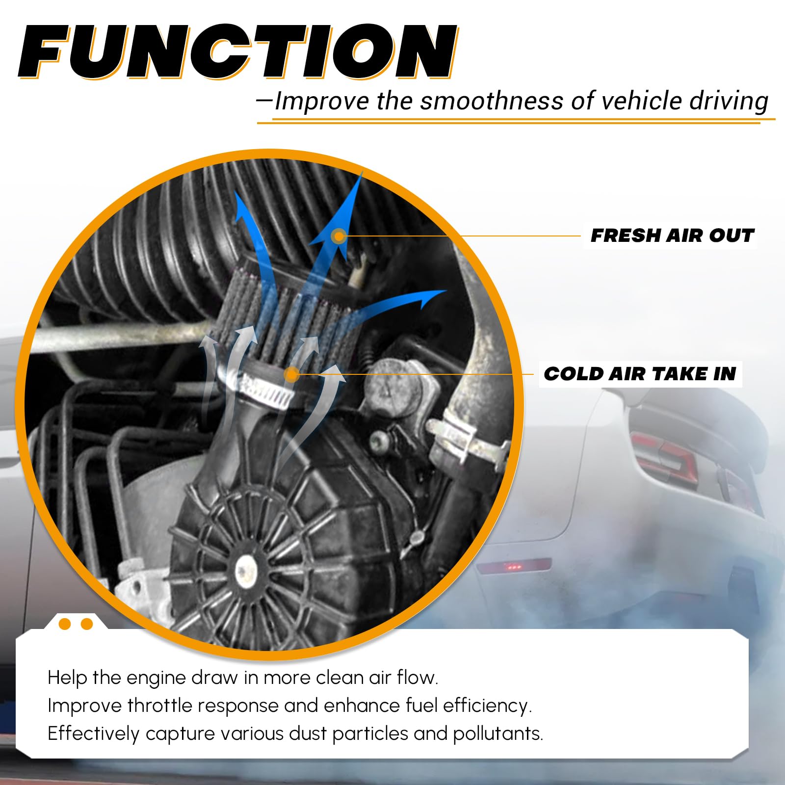 Ptnhz Universal Black Neck 1.5'' 38Mm Car High Flow Cold Air Intake Air Filter Power Intake Air Inlet System Air Cleaner