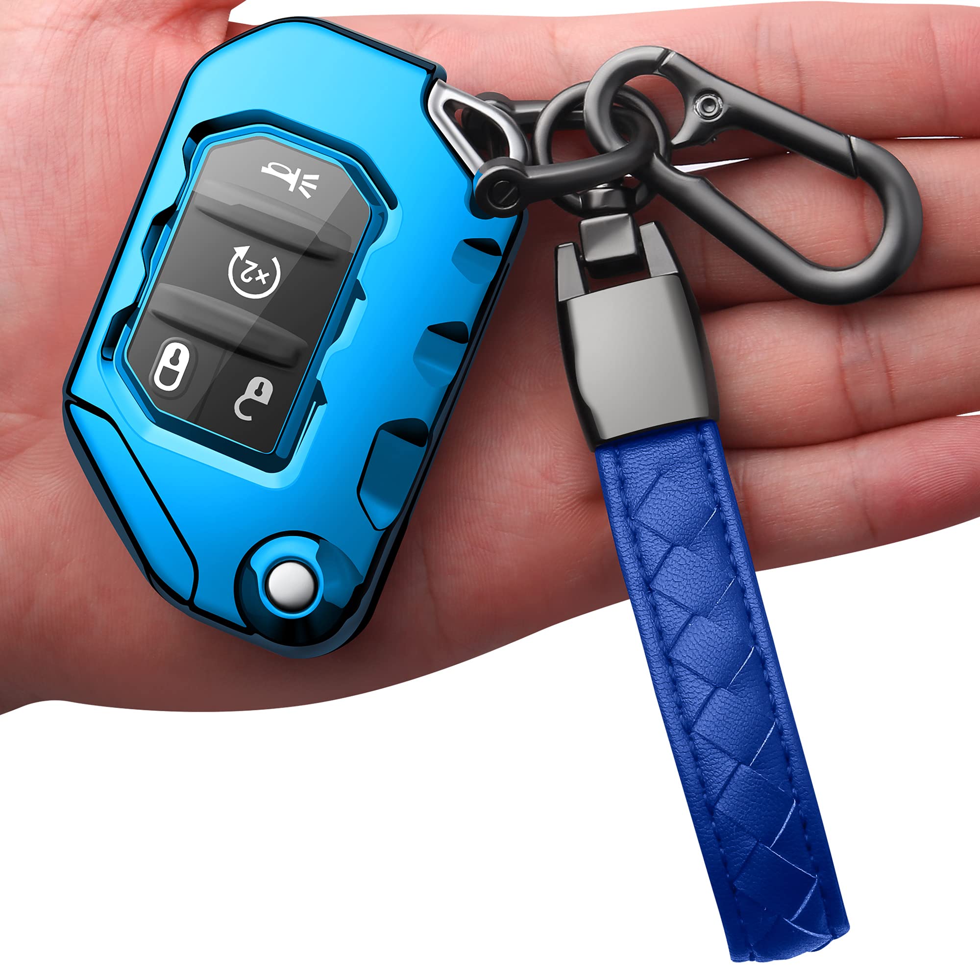Autophone Compatible With Jeep Key Fob Cover With Leather Keychain Soft Tpu Protection Key Case For 2018 2019 2020 2021 Wrangler Jl Gladiator Remote Key(Aurora Blue)