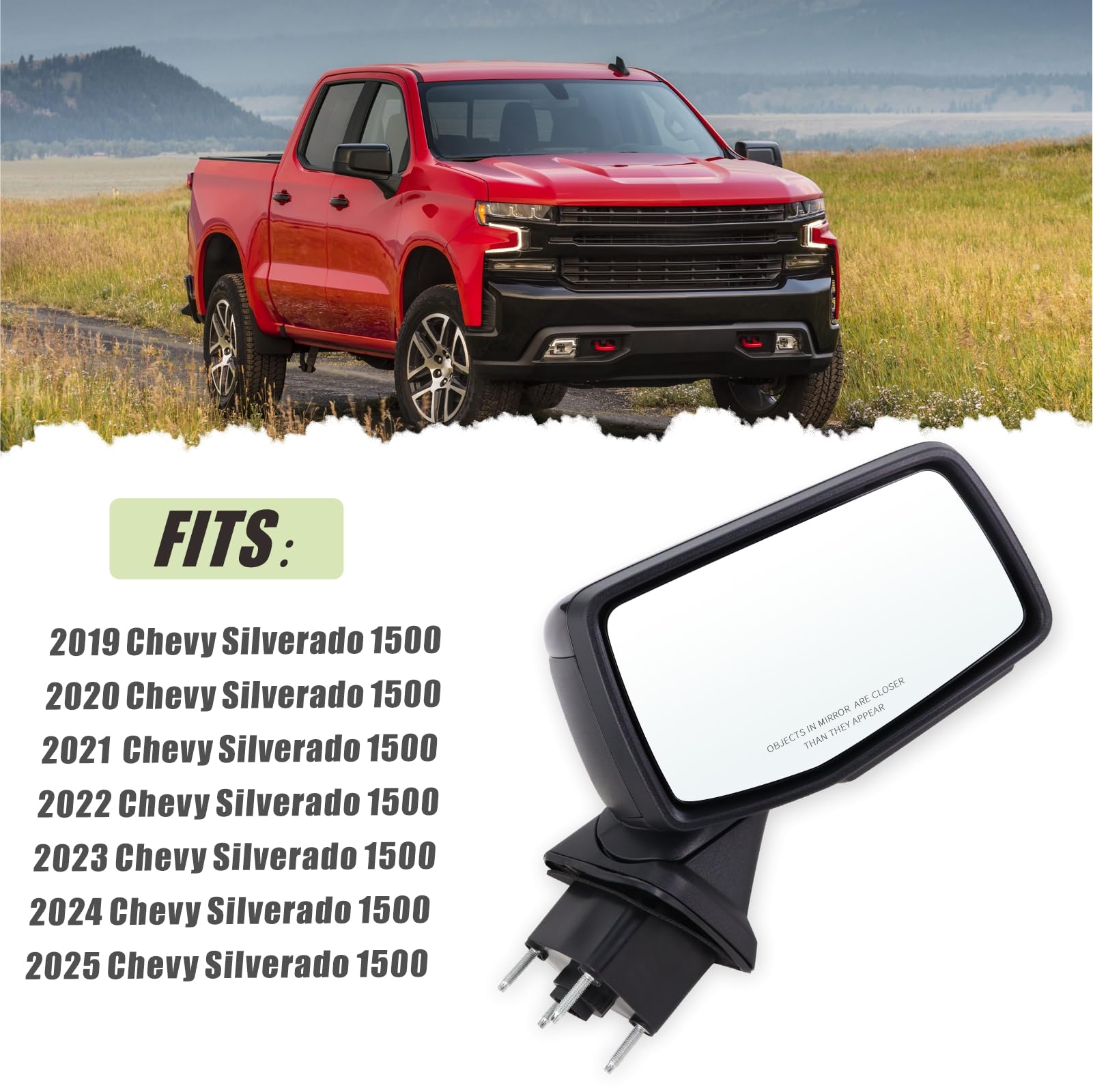 Lqito Right Passenger Side Mirror Compatible 2019-2025 Chevy Silverado 1500 With Power Folding Heated Turn Signal Puddle Lights