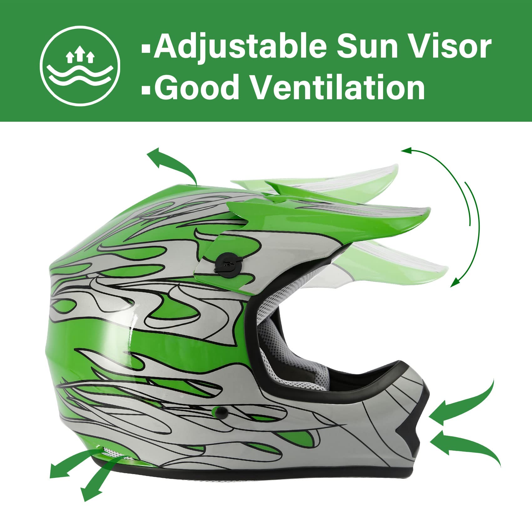Tcmt Dot Youth & Kids Motocross Offroad Street Helmet Green Flame Motorcycle Youth Helmet Dirt Bike Motocross Atv Helmet+Goggles