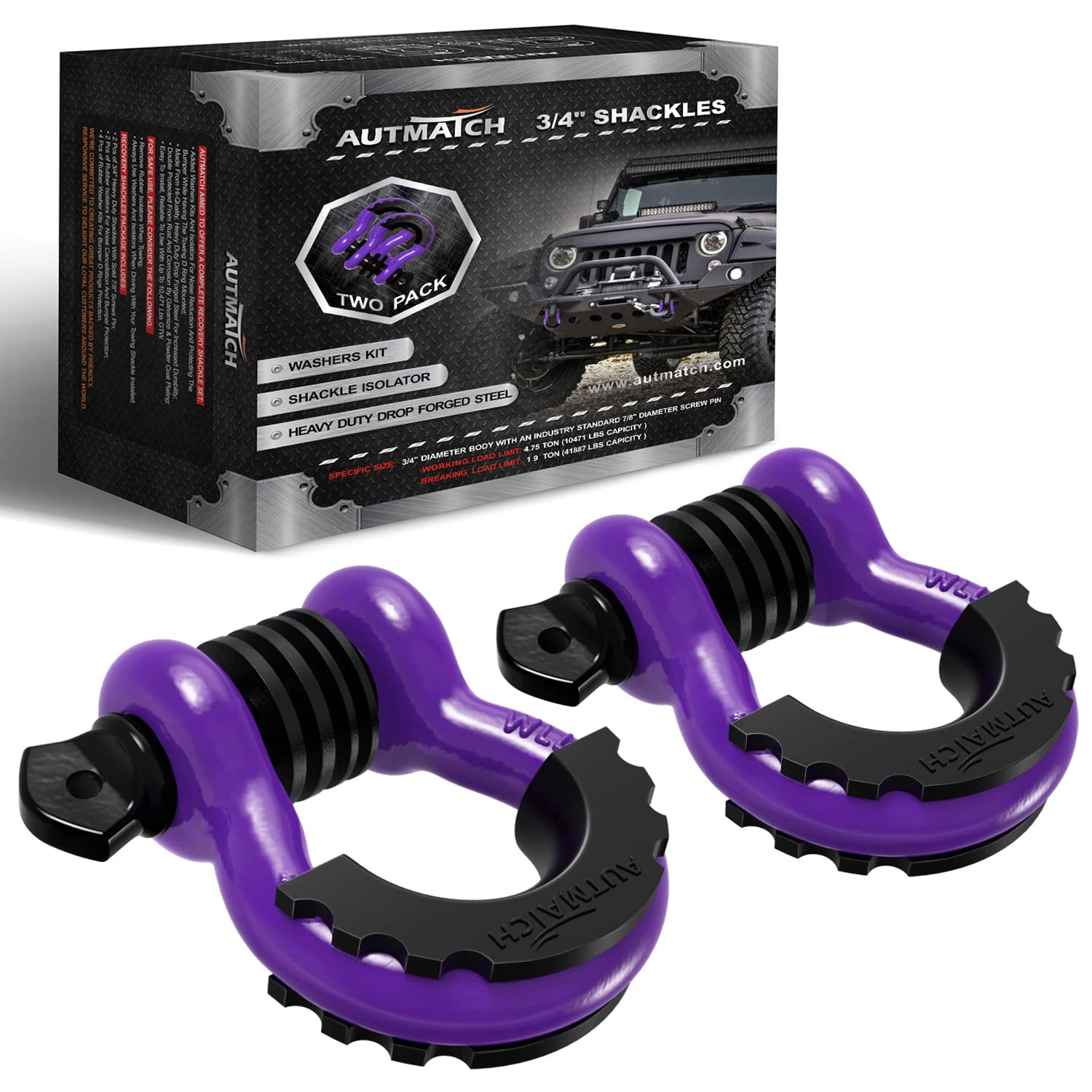 AUTMATCH D Ring Shackle 3/4 Shackles (2 Pack) - Clevis Shackle 41,887Ibs Break Strength with 7/8 Screw Pin and Isolator Washers 